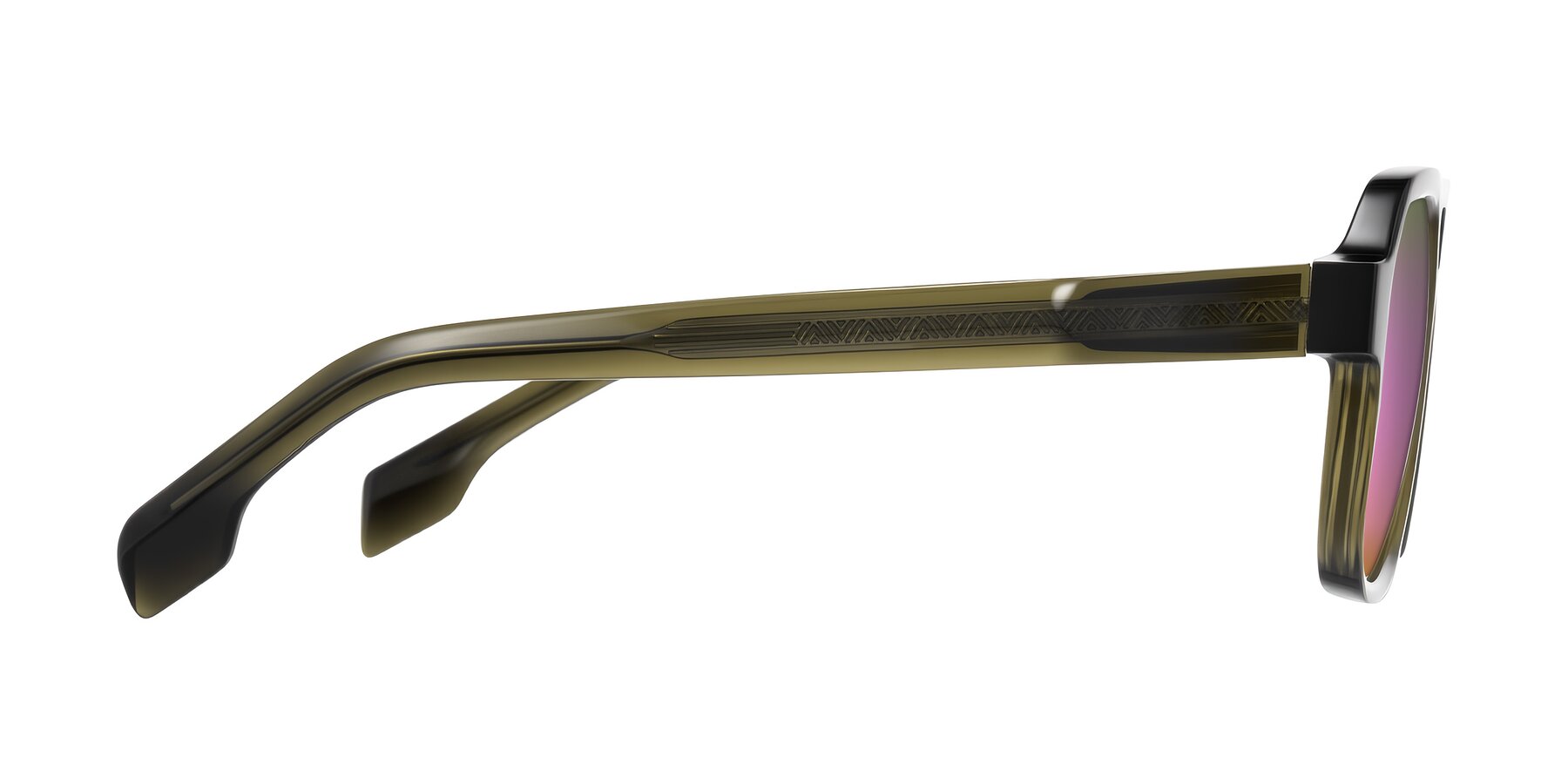 Side of Beizaai in Translucent Olive Gray with Pink Mirrored Lenses