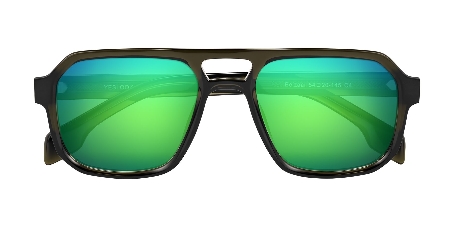 Folded Front of Beizaai in Translucent Olive Gray with Green Mirrored Lenses