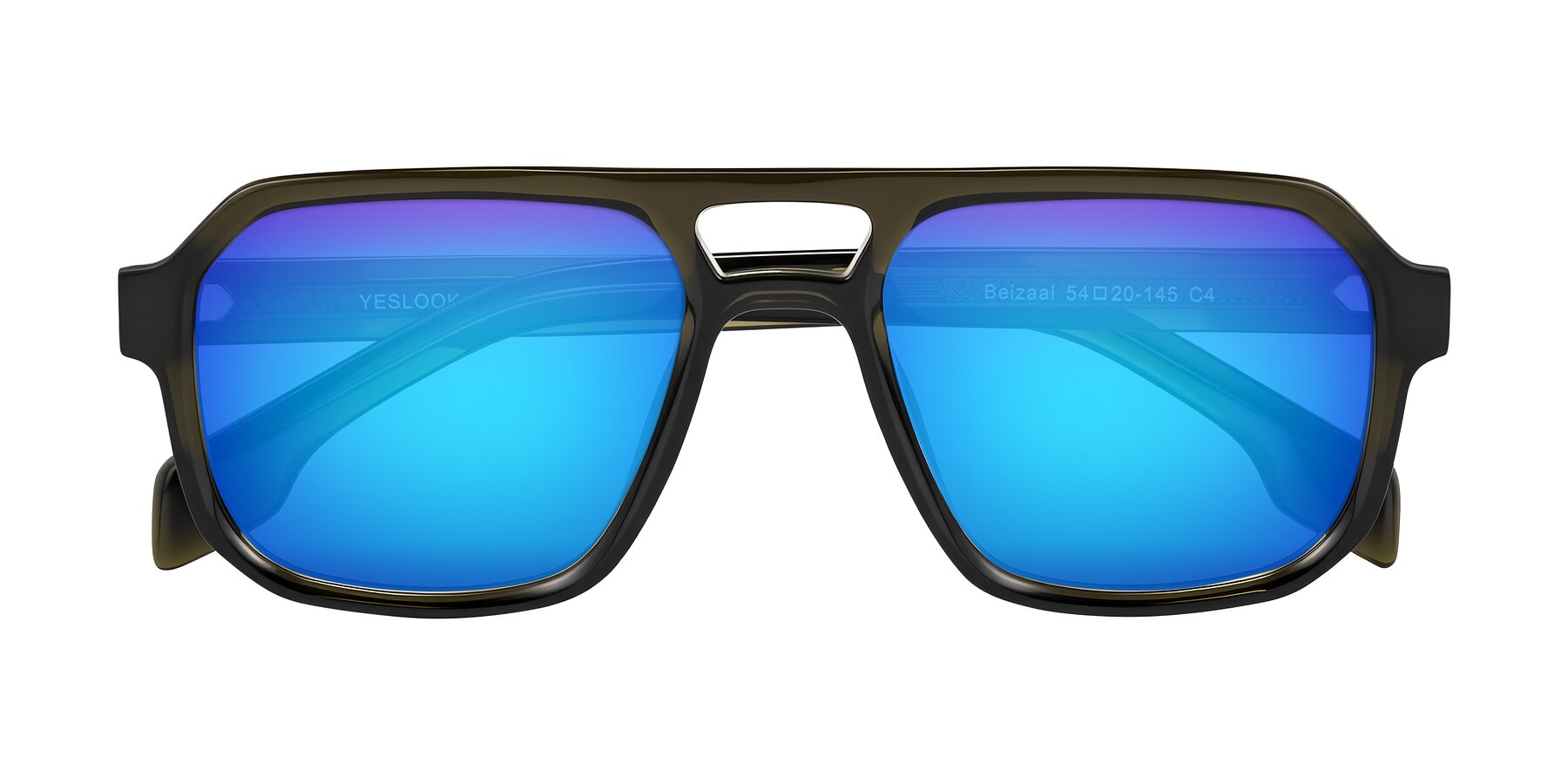 Folded Front of Beizaai in Translucent Olive Gray with Blue Mirrored Lenses