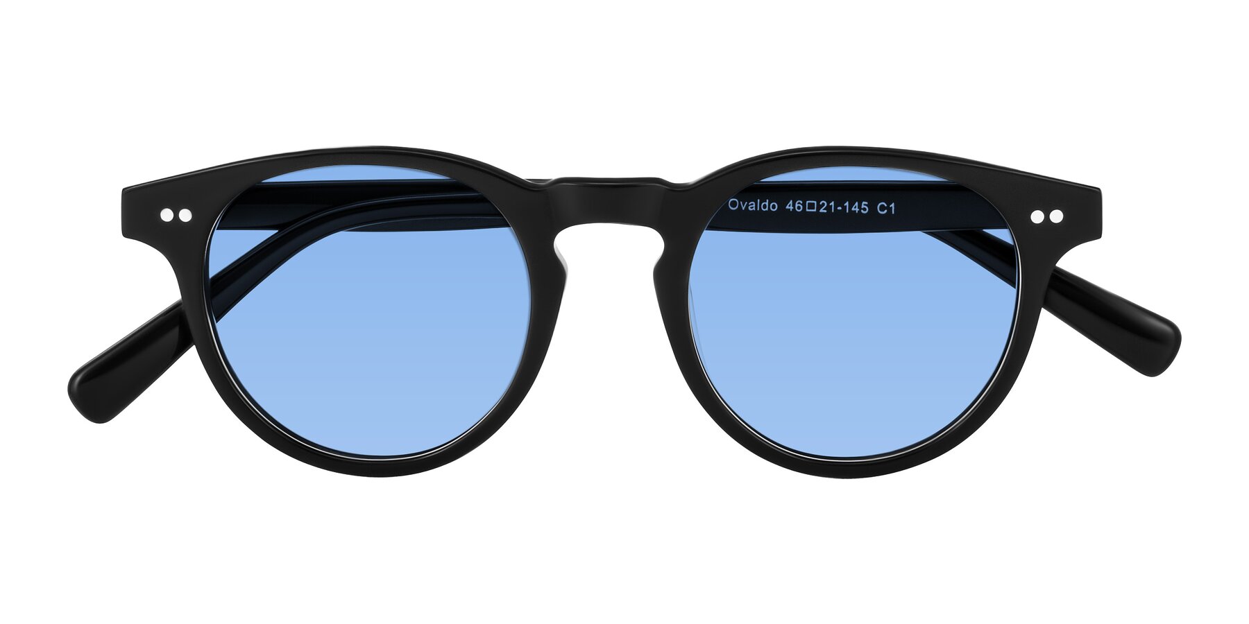 Folded Front of Ovaldo in Black with Medium Blue Tinted Lenses