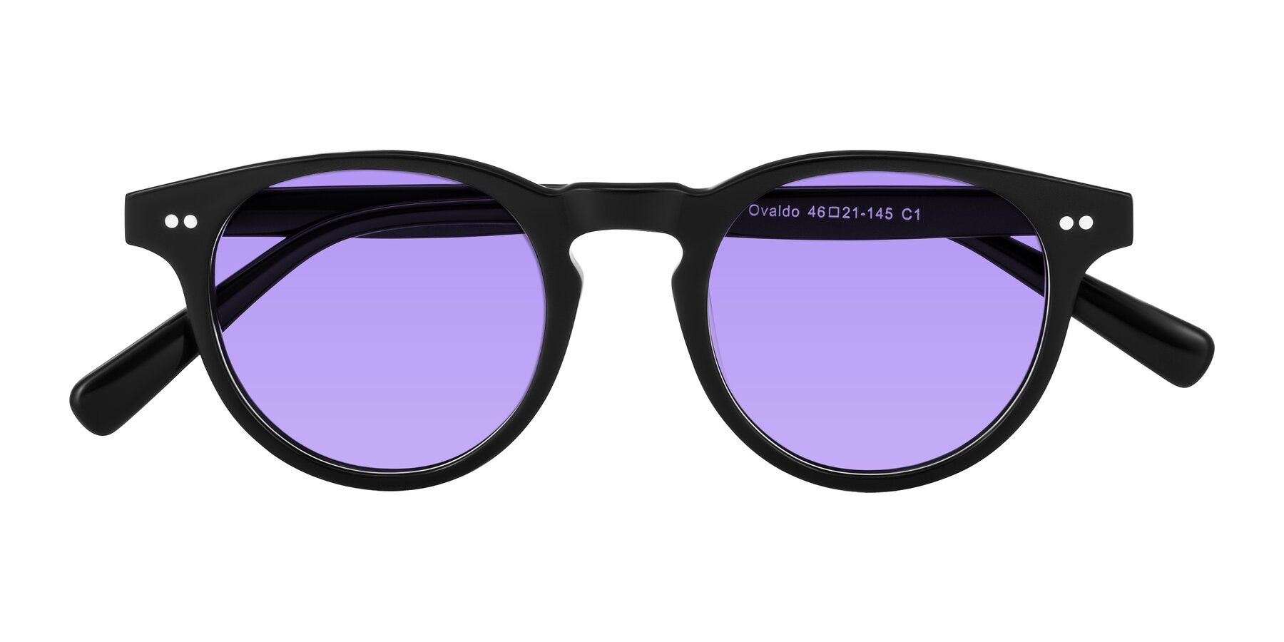 Folded Front of Ovaldo in Black with Medium Purple Tinted Lenses