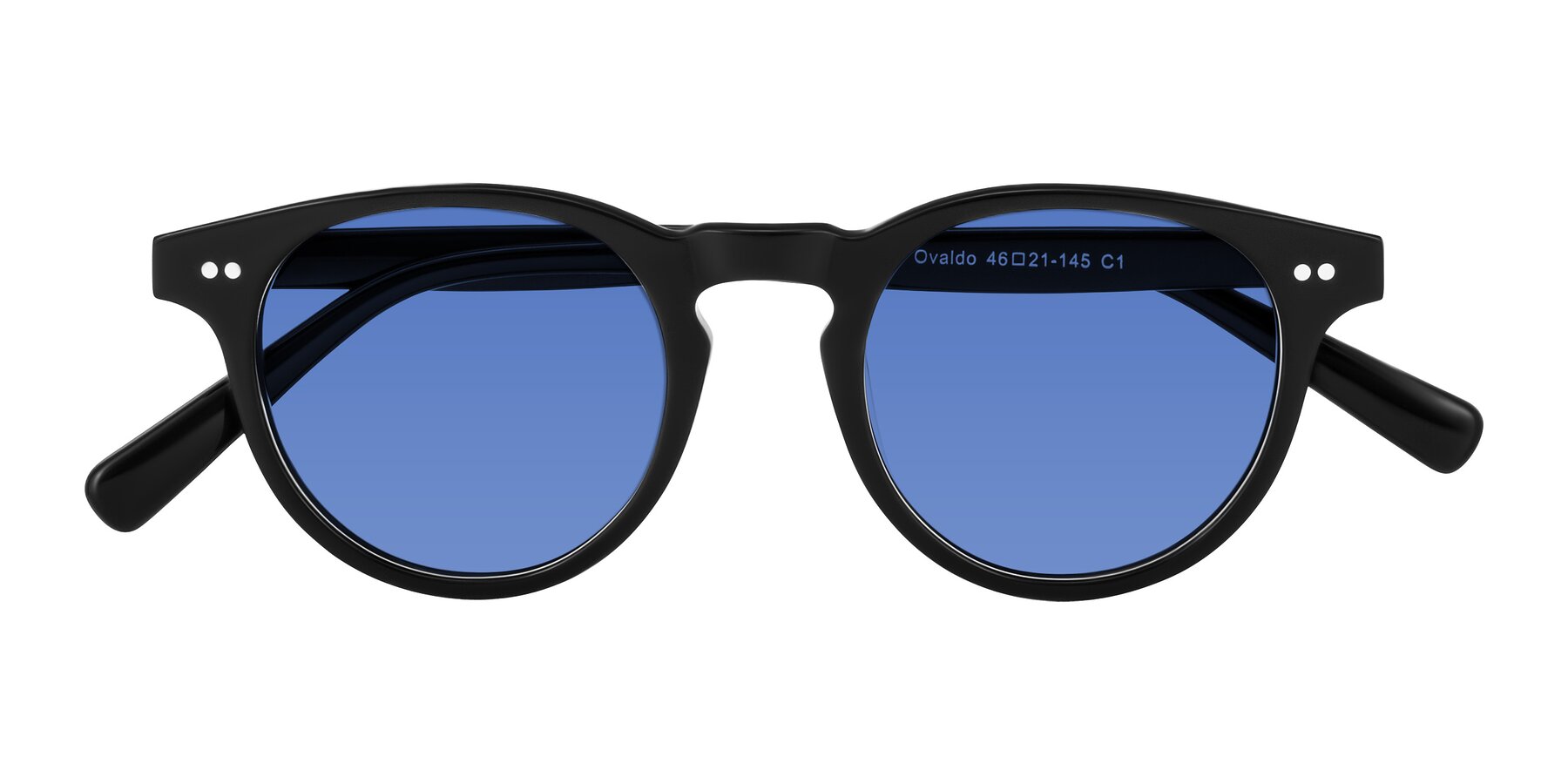 Folded Front of Ovaldo in Black with Blue Tinted Lenses