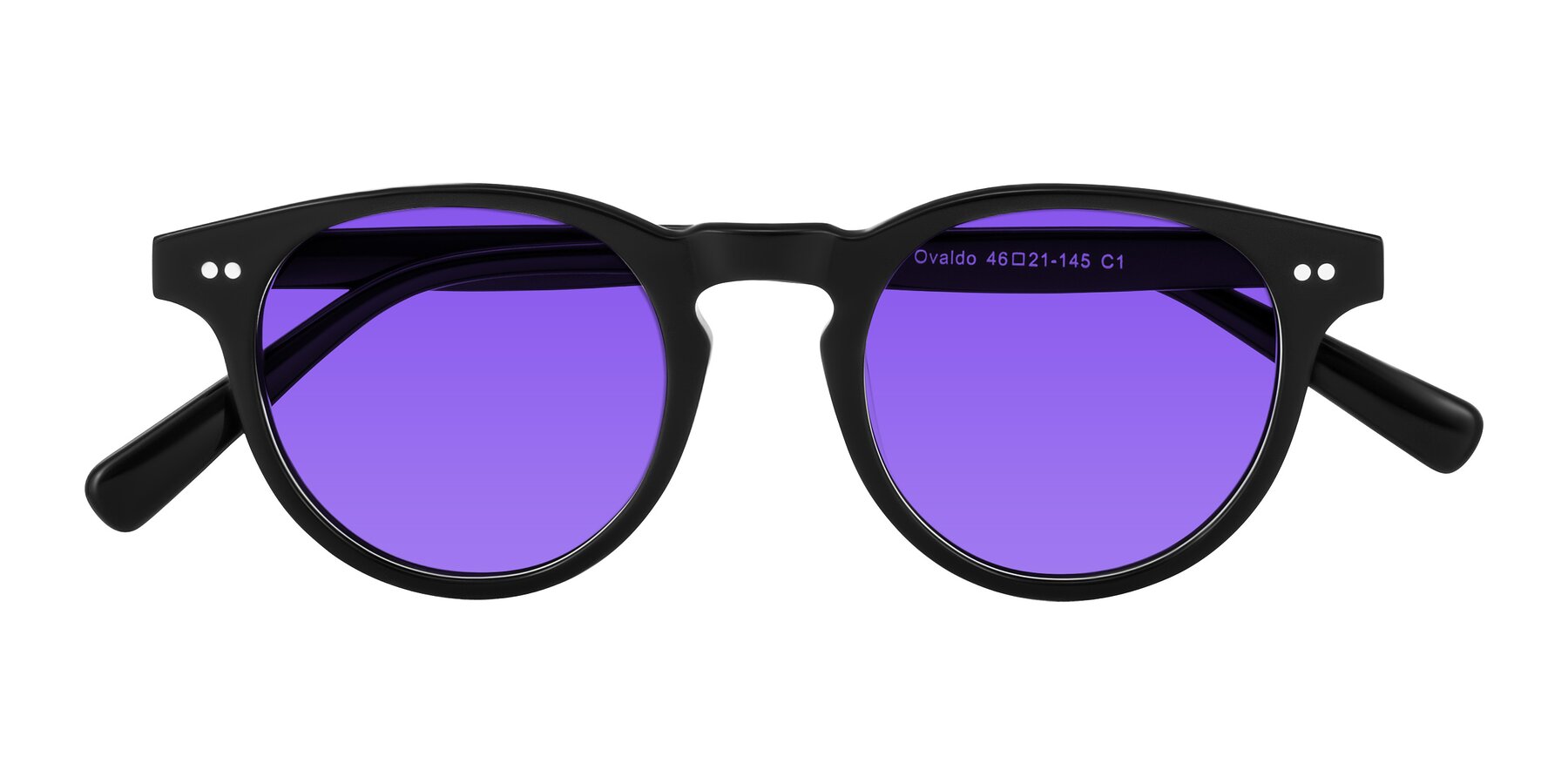 Folded Front of Ovaldo in Black with Purple Tinted Lenses