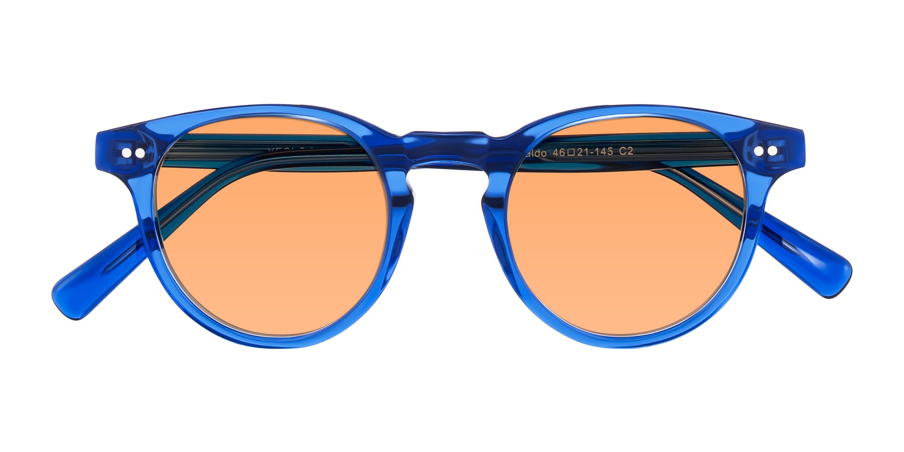 Folded Front of Ovaldo in Blue with Medium Orange Tinted Lenses