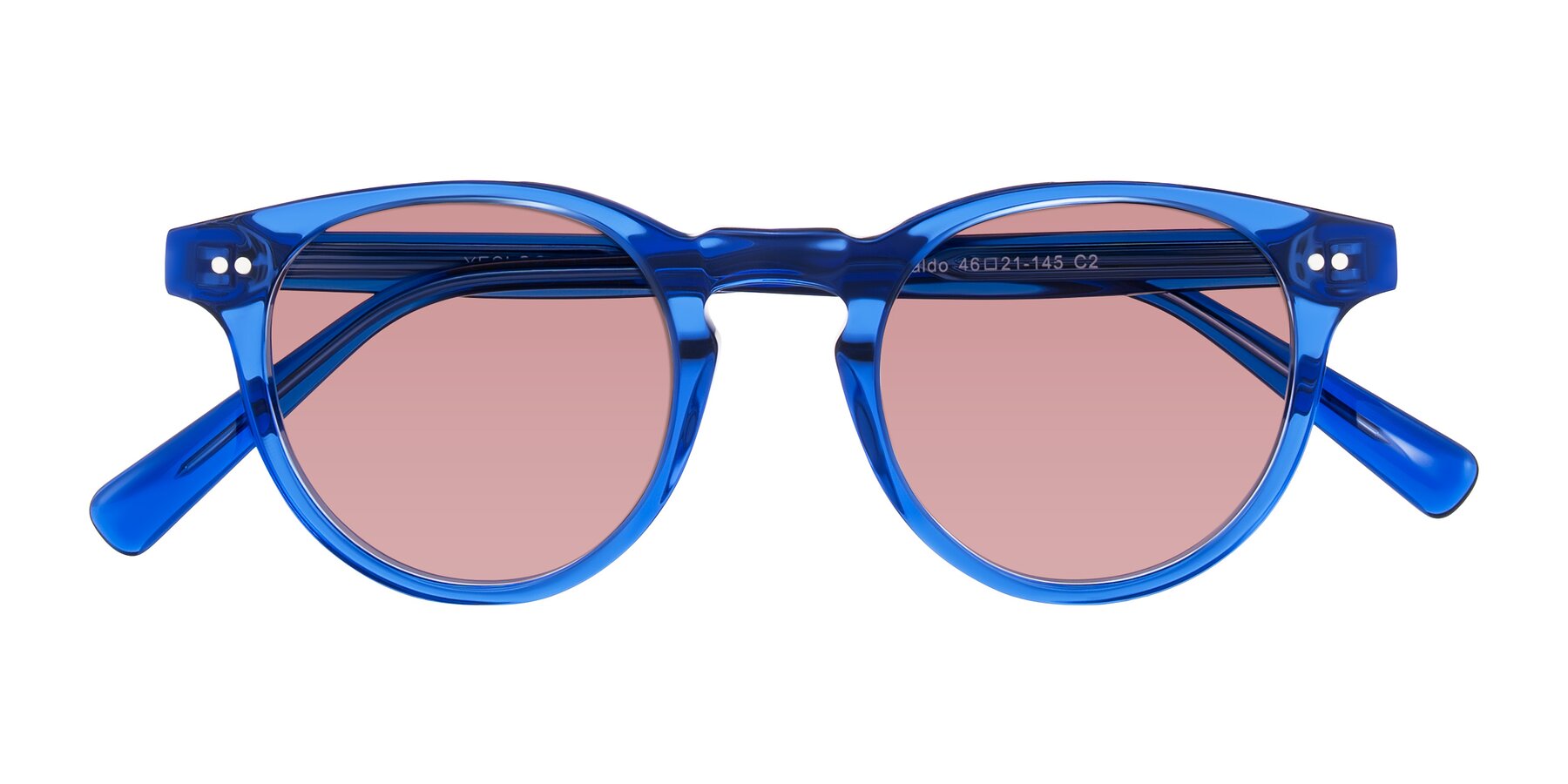 Folded Front of Ovaldo in Blue with Medium Garnet Tinted Lenses