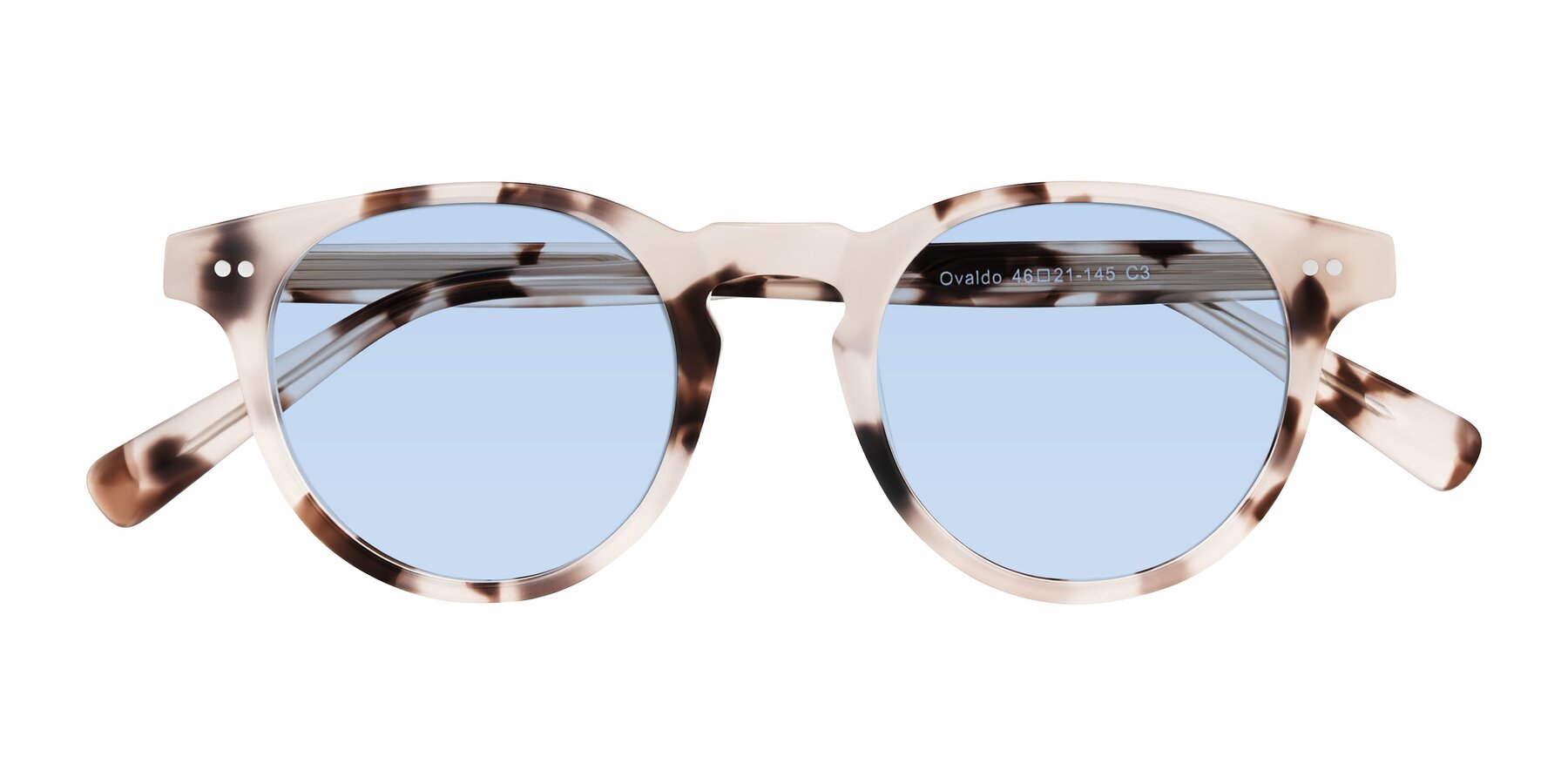 Folded Front of Ovaldo in Ivory Tortoise with Light Blue Tinted Lenses