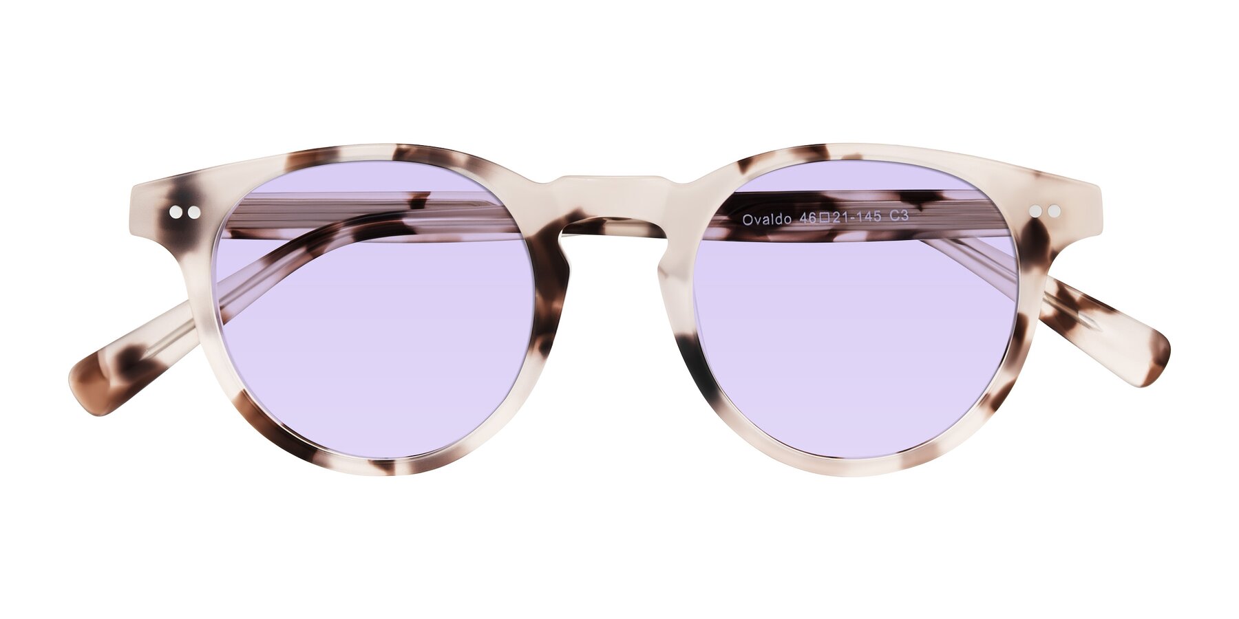 Folded Front of Ovaldo in Ivory Tortoise with Light Purple Tinted Lenses