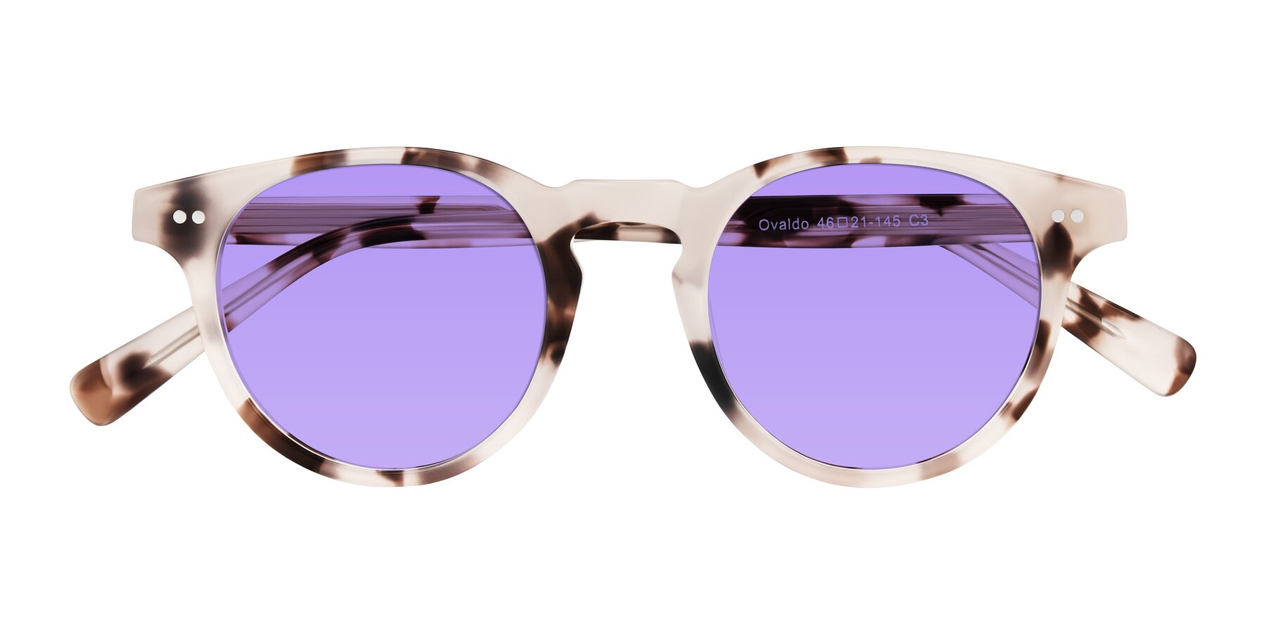 Folded Front of Ovaldo in Ivory Tortoise with Medium Purple Tinted Lenses
