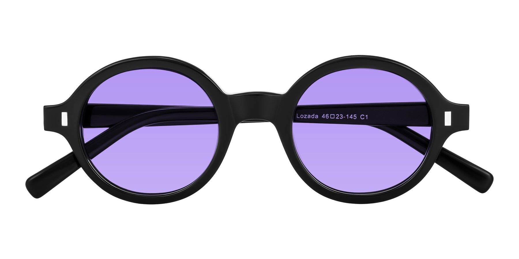 Folded Front of Lozada in Black with Medium Purple Tinted Lenses