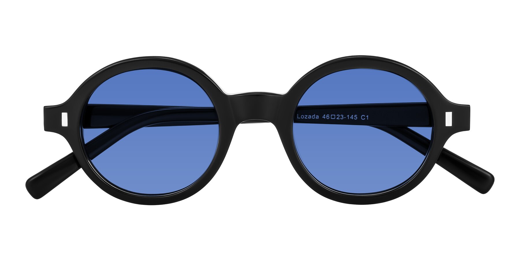 Folded Front of Lozada in Black with Blue Tinted Lenses