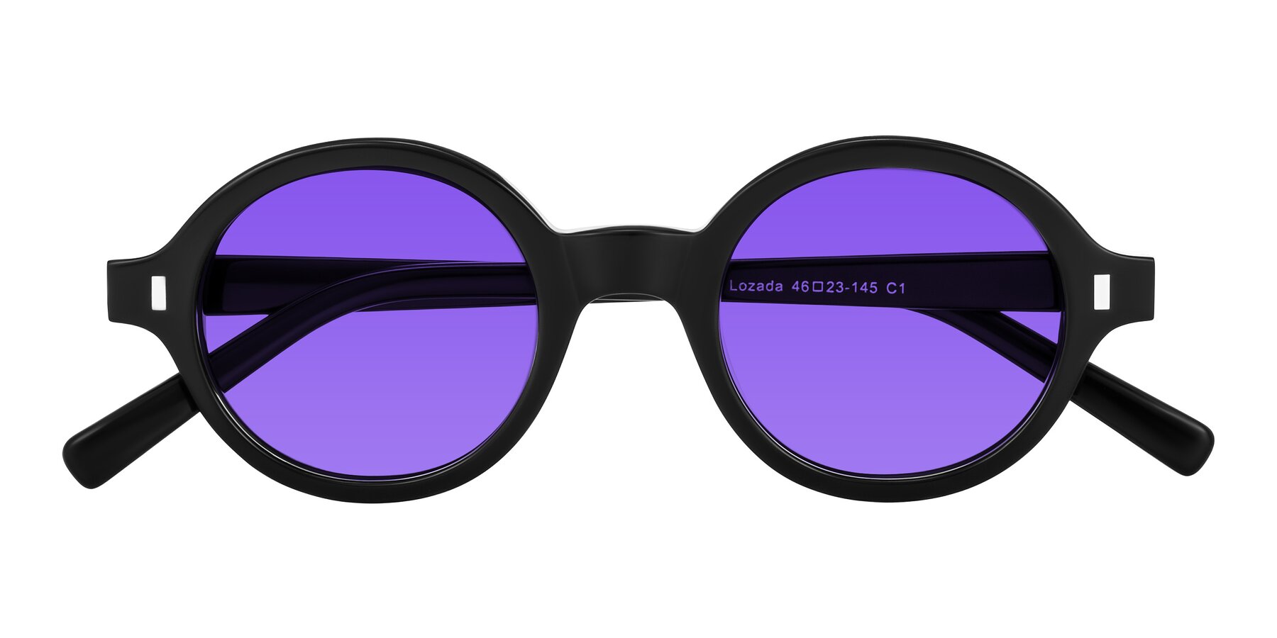 Folded Front of Lozada in Black with Purple Tinted Lenses