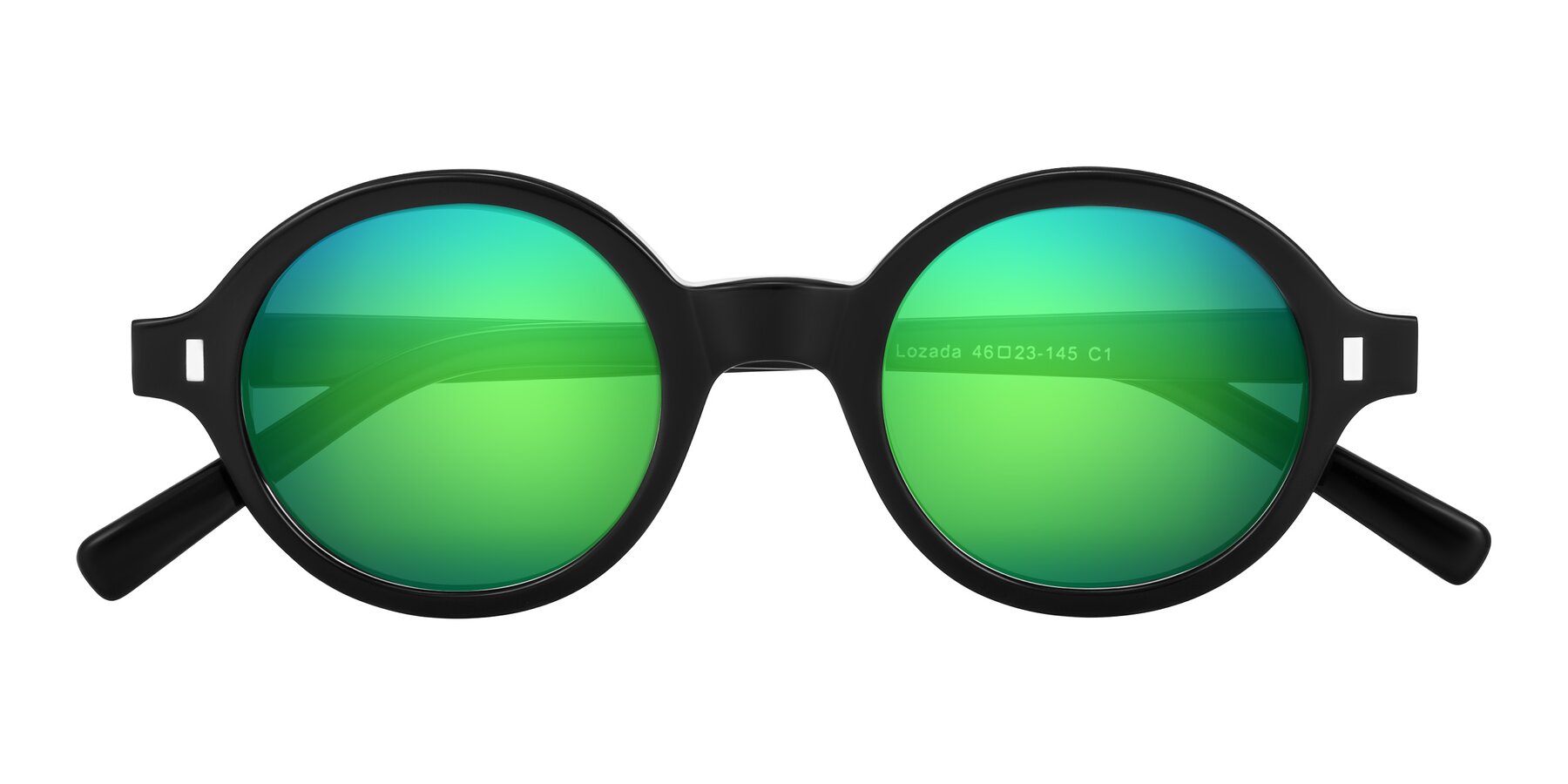 Folded Front of Lozada in Black with Green Mirrored Lenses