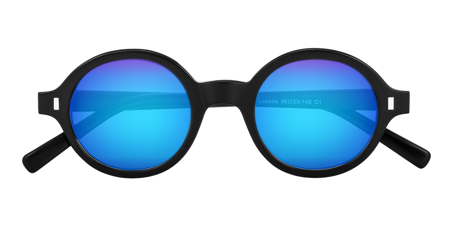 Folded Front of Lozada in Black with Blue Mirrored Lenses