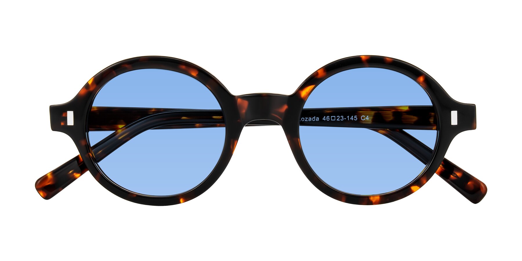 Folded Front of Lozada in Tortoise with Medium Blue Tinted Lenses