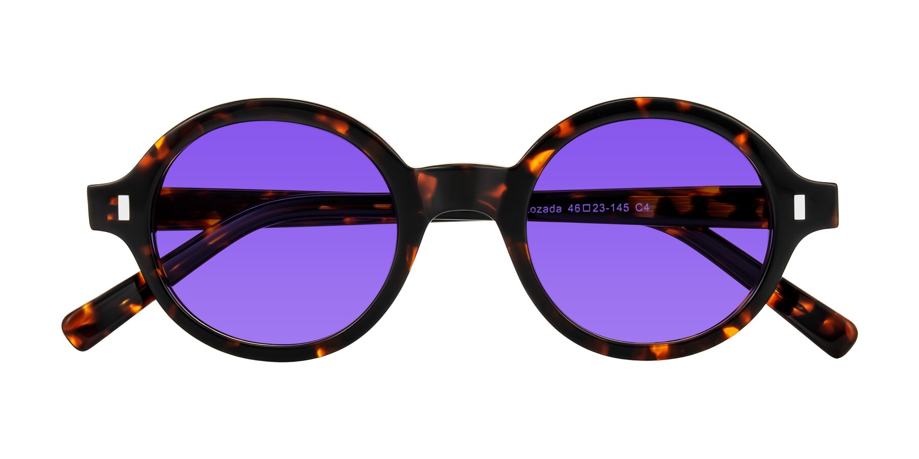 Folded Front of Lozada in Tortoise with Purple Tinted Lenses