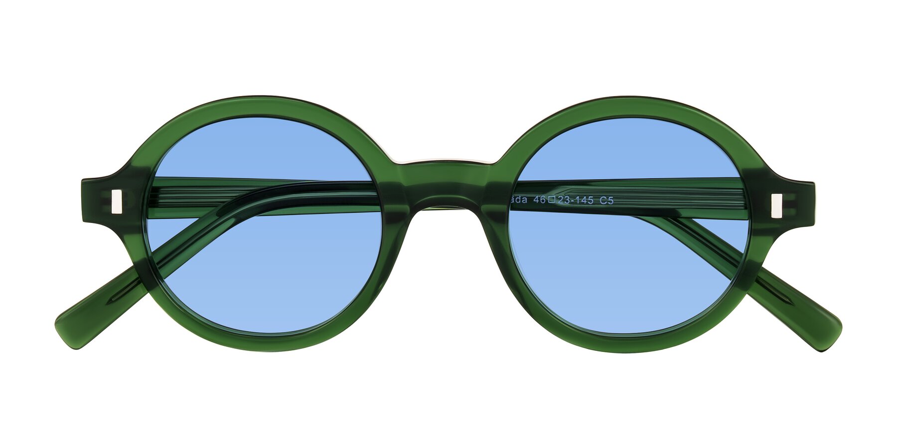 Folded Front of Lozada in Jade Green with Medium Blue Tinted Lenses