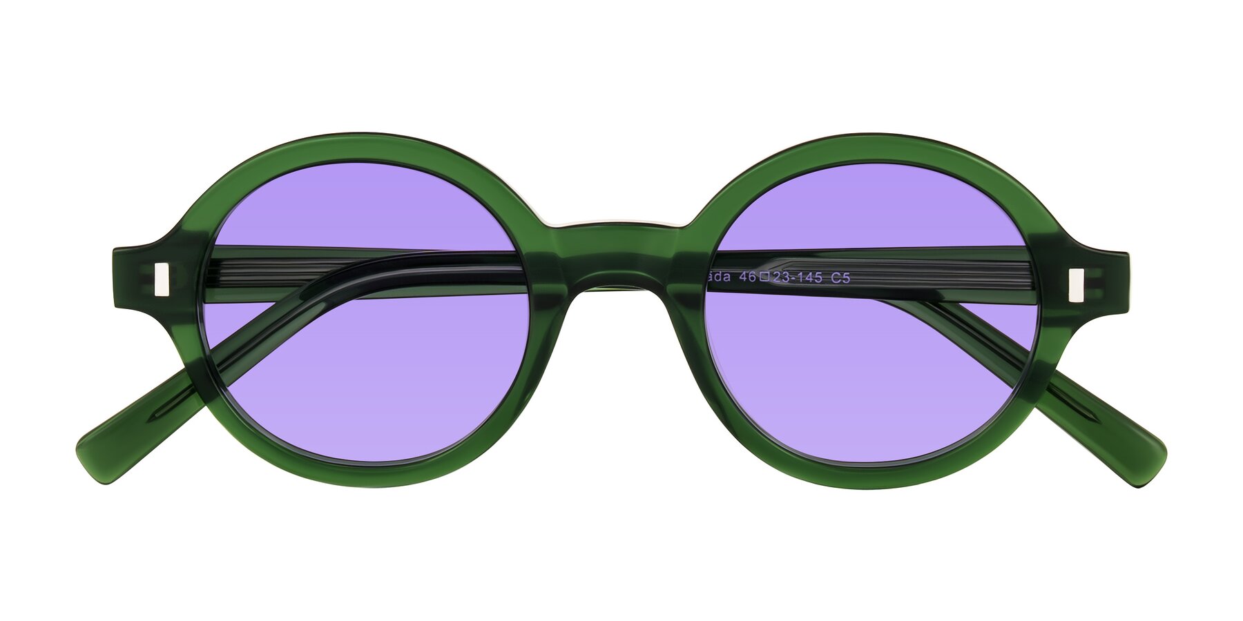 Folded Front of Lozada in Jade Green with Medium Purple Tinted Lenses