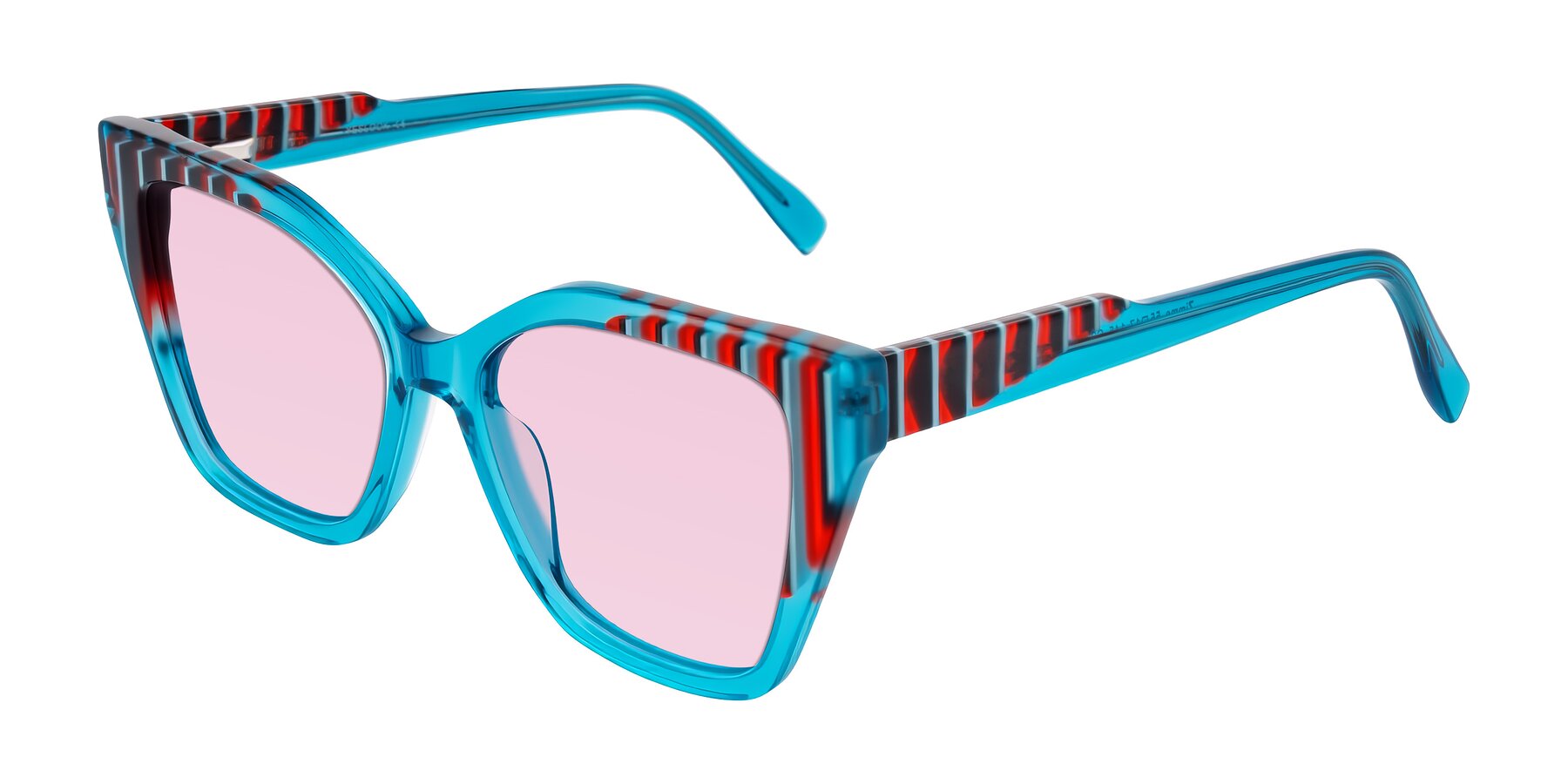 Angle of Zimme in Blue Fizz with Light Pink Tinted Lenses