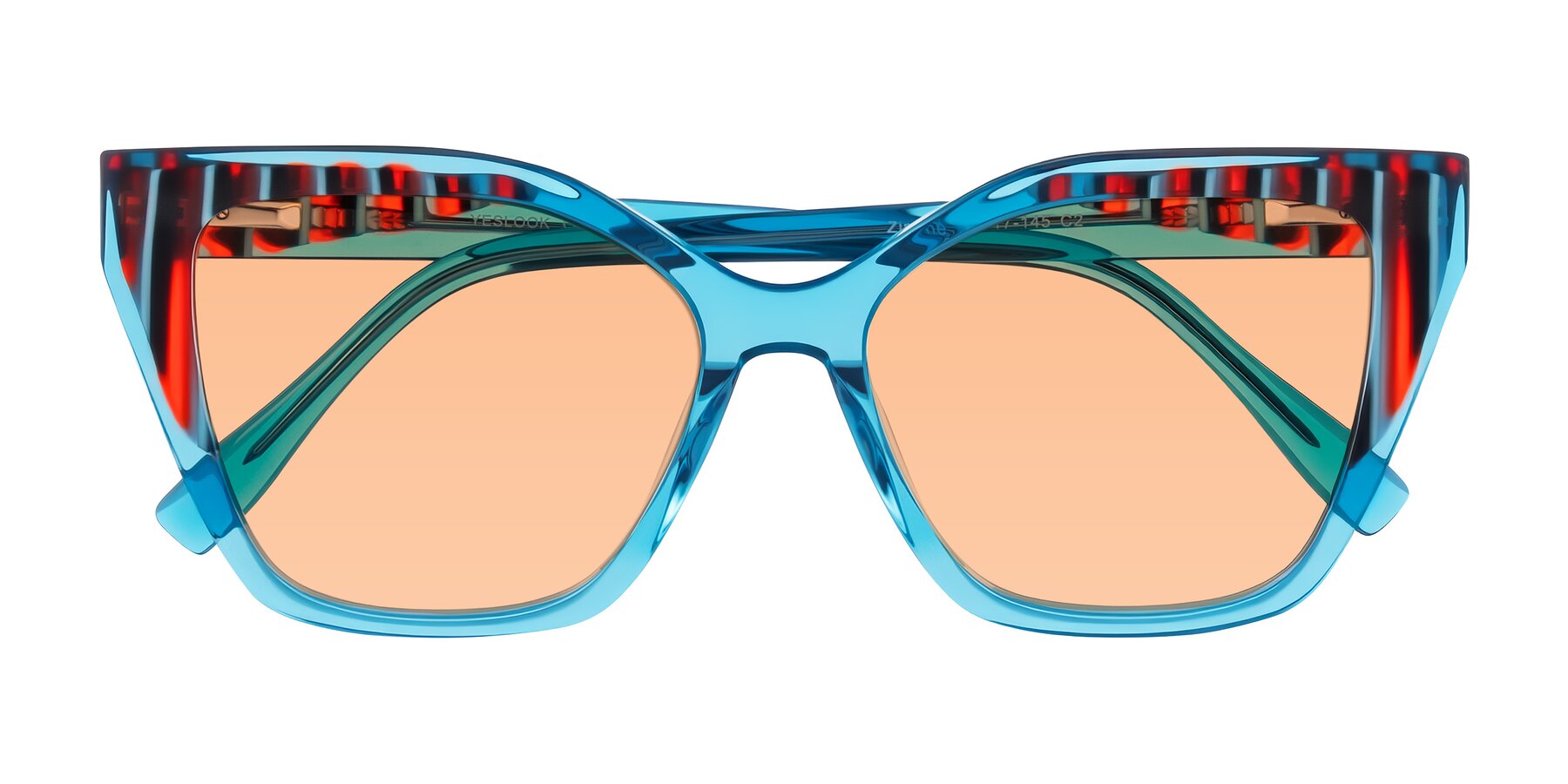 Folded Front of Zimme in Blue Fizz with Light Orange Tinted Lenses