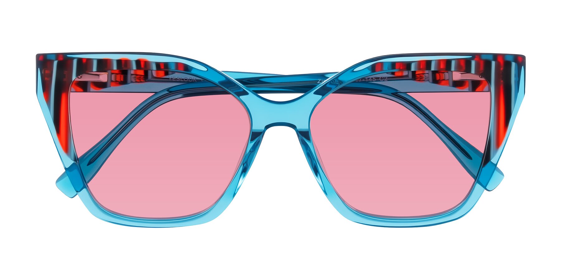 Folded Front of Zimme in Blue Fizz with Pink Tinted Lenses