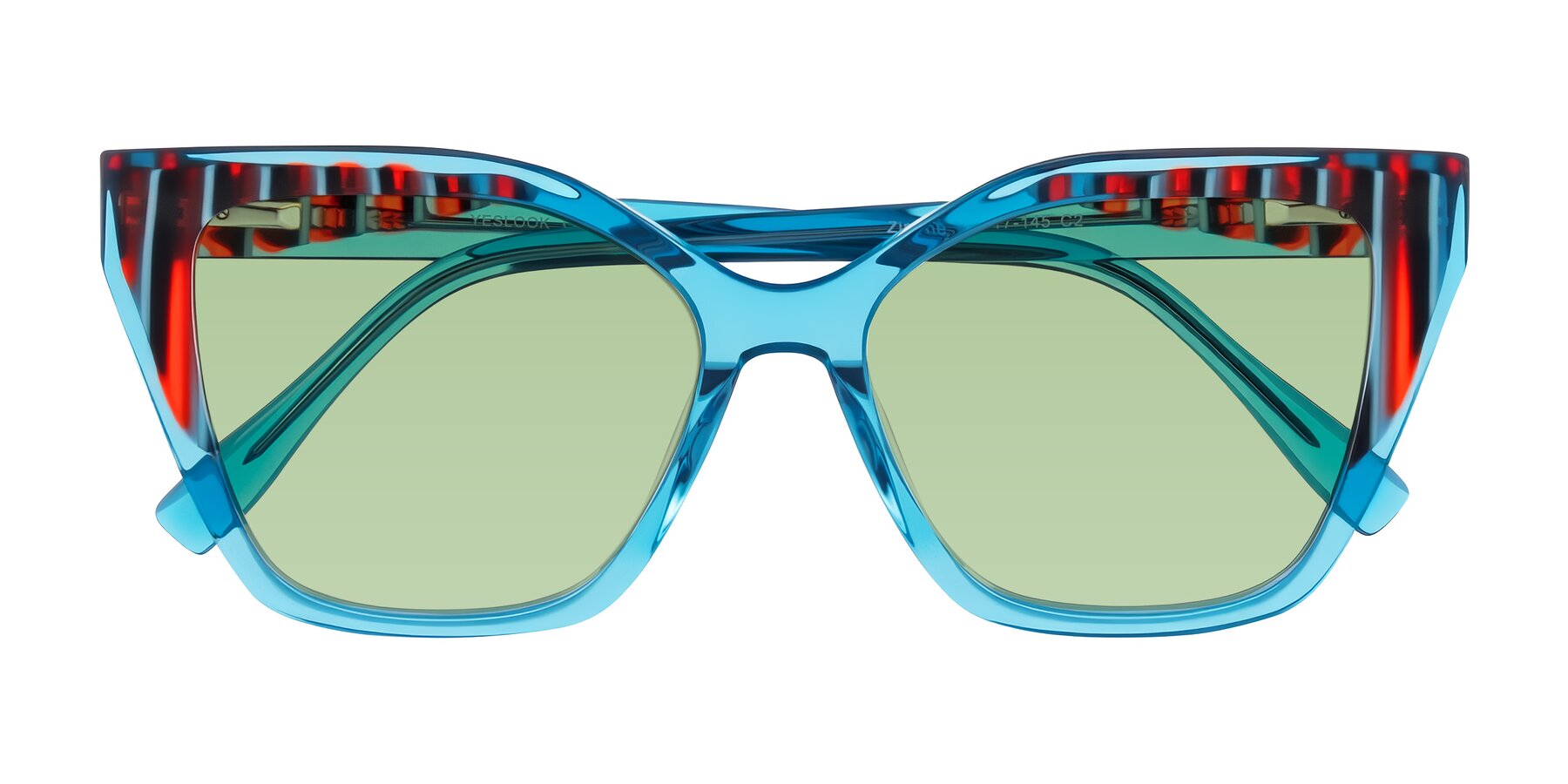 Folded Front of Zimme in Blue Fizz with Medium Green Tinted Lenses