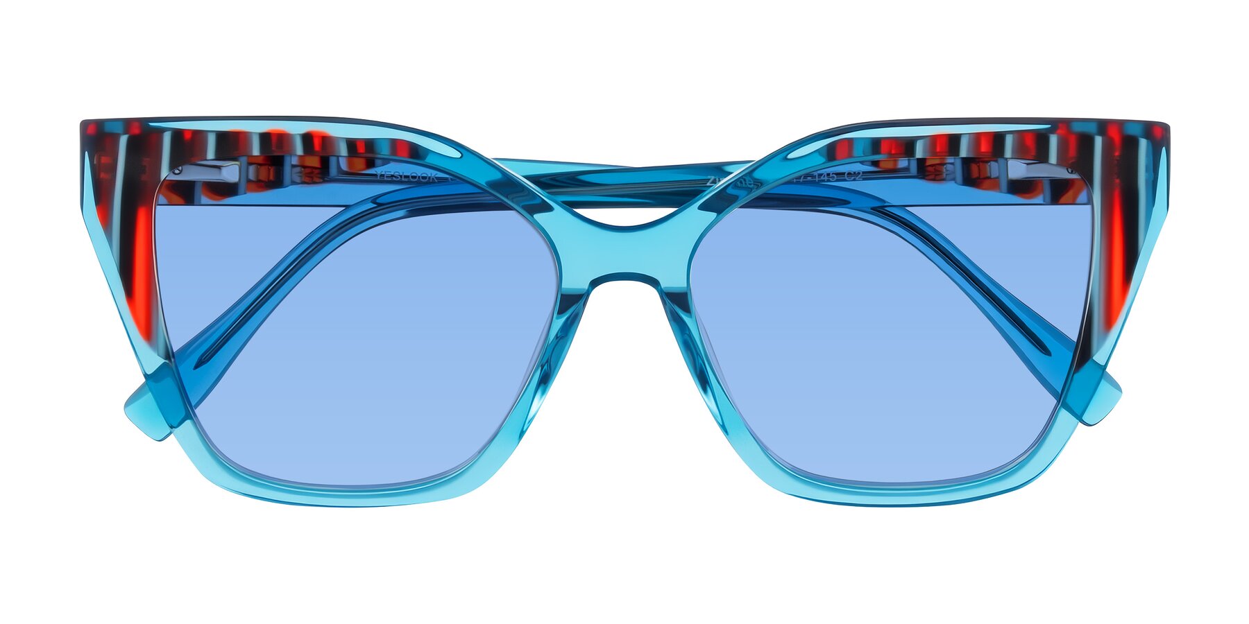 Folded Front of Zimme in Blue Fizz with Medium Blue Tinted Lenses