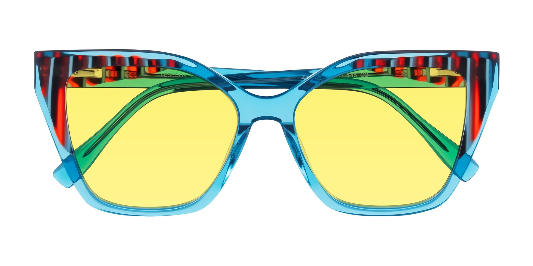 Folded Front of Zimme in Blue Fizz with Medium Yellow Tinted Lenses