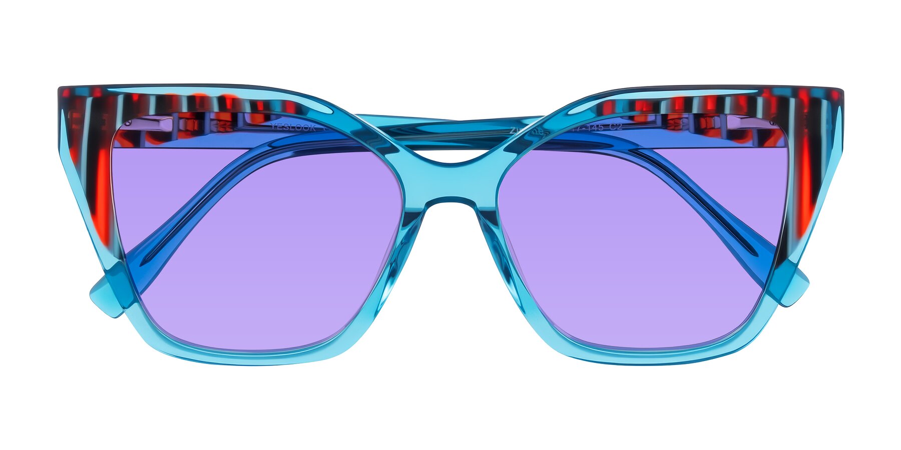 Folded Front of Zimme in Blue Fizz with Medium Purple Tinted Lenses
