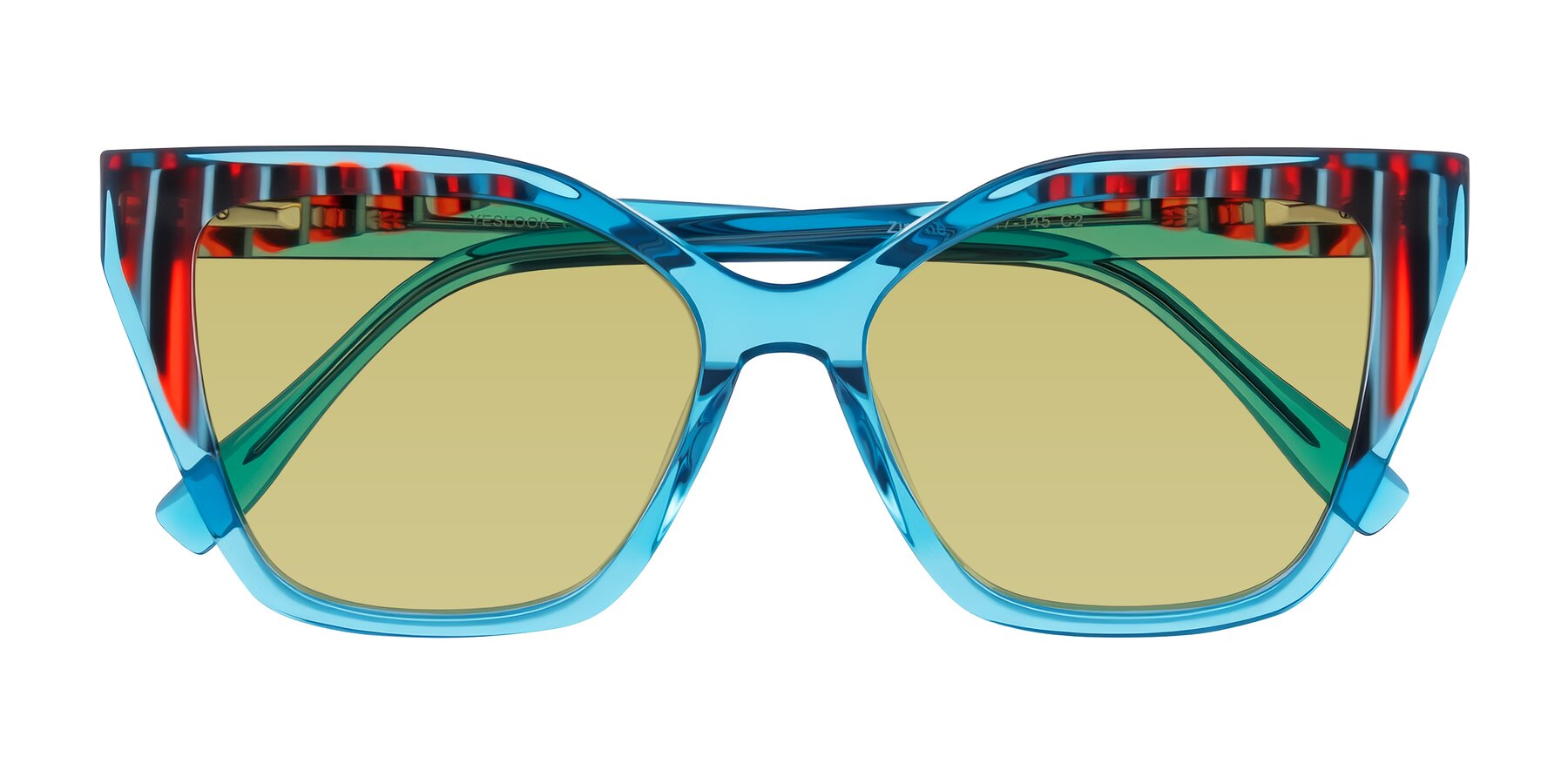 Folded Front of Zimme in Blue Fizz with Medium Champagne Tinted Lenses