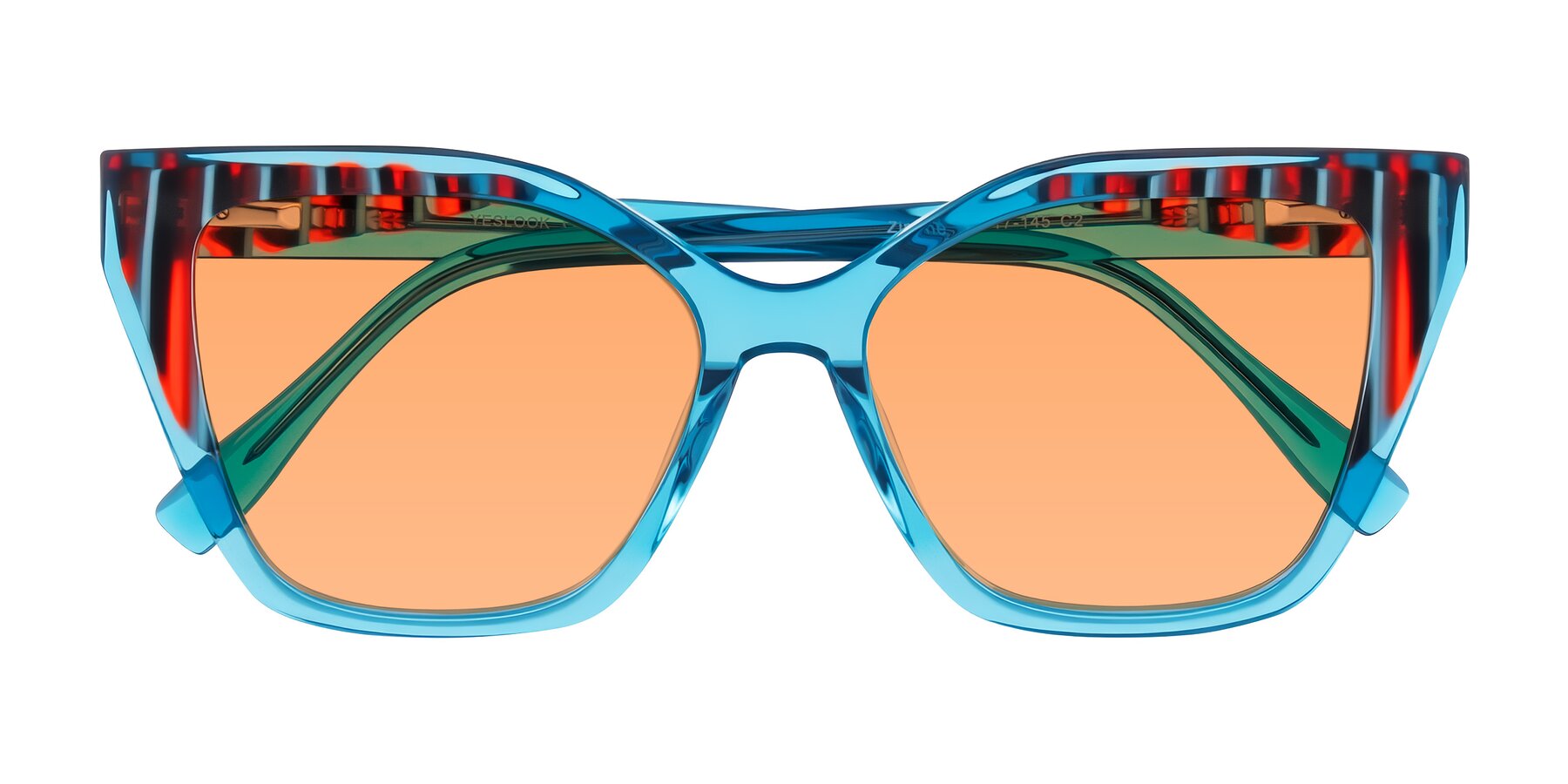 Folded Front of Zimme in Blue Fizz with Medium Orange Tinted Lenses