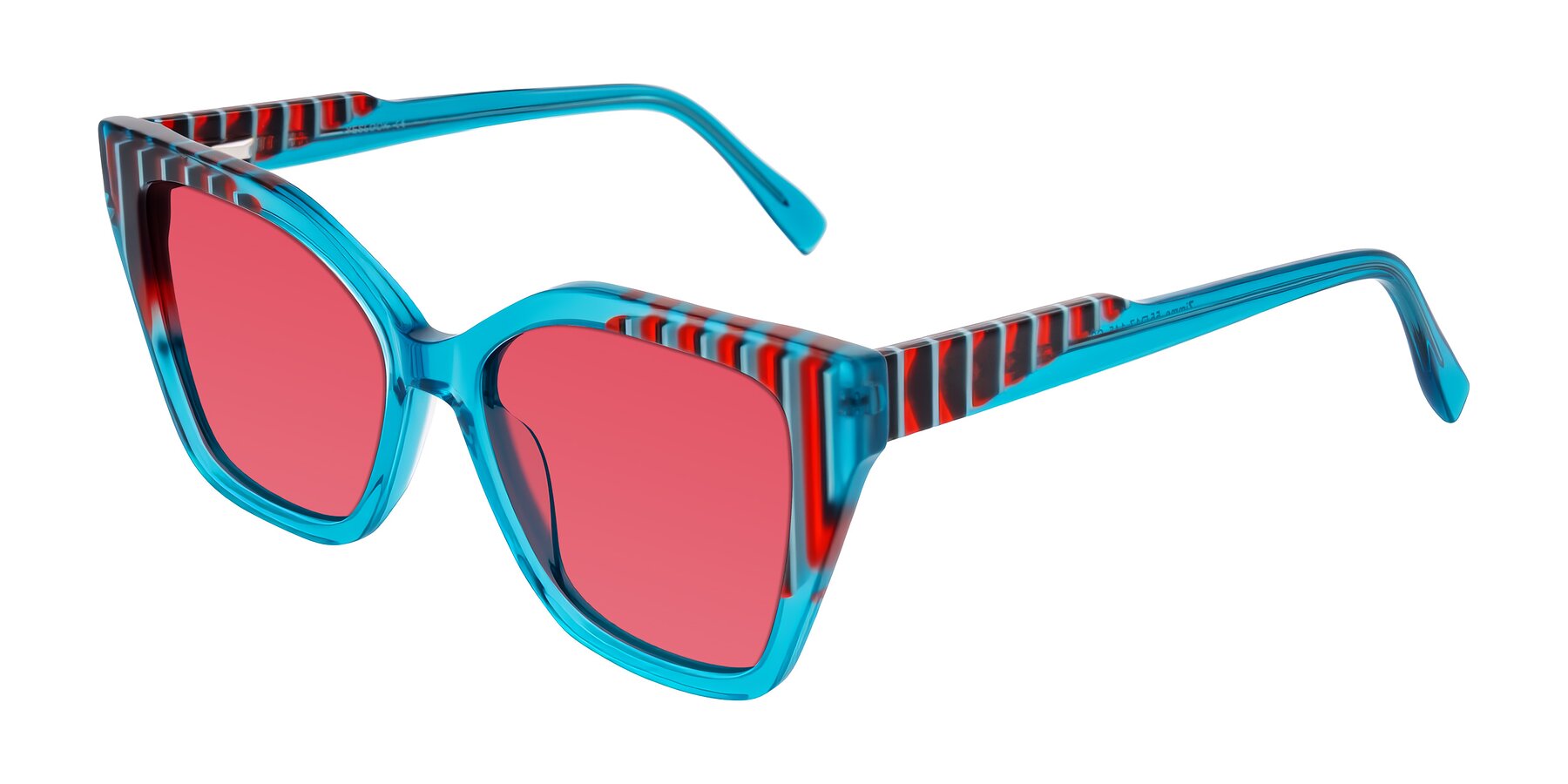 Angle of Zimme in Blue Fizz with Red Tinted Lenses