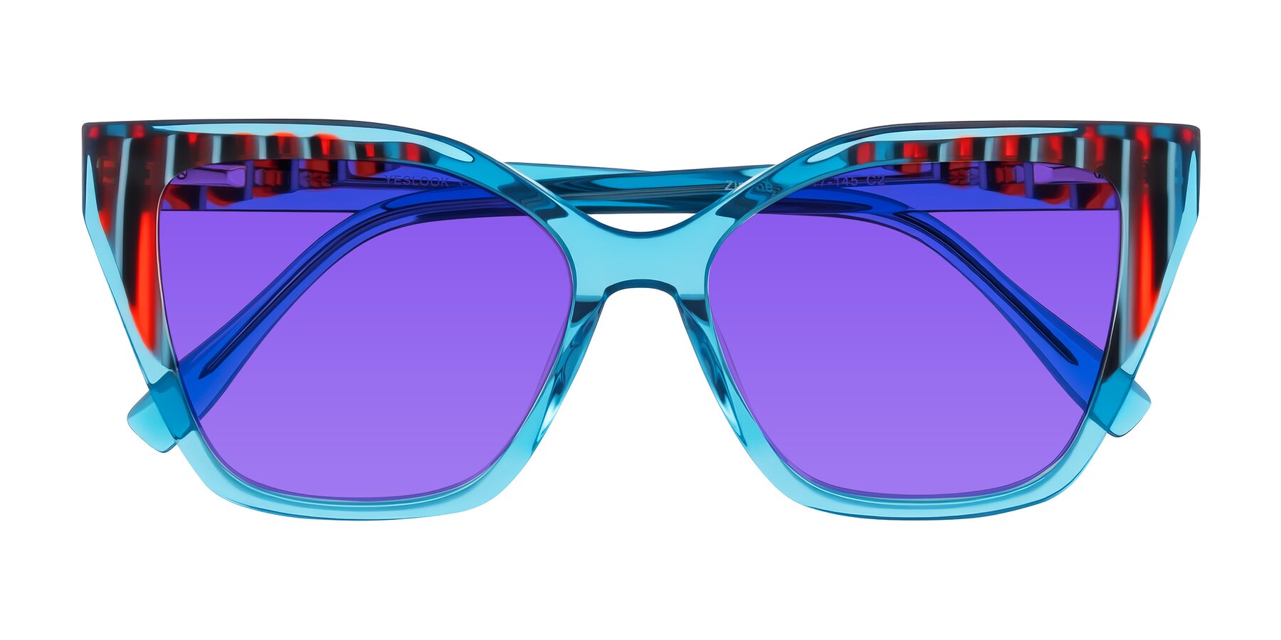 Folded Front of Zimme in Blue Fizz with Purple Tinted Lenses