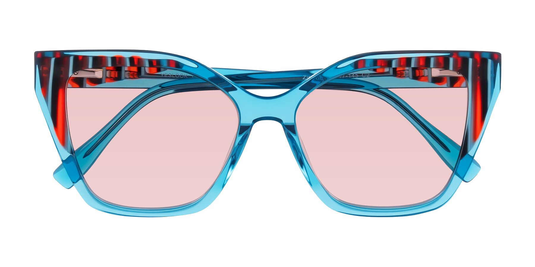 Folded Front of Zimme in Blue Fizz with Light Garnet Tinted Lenses