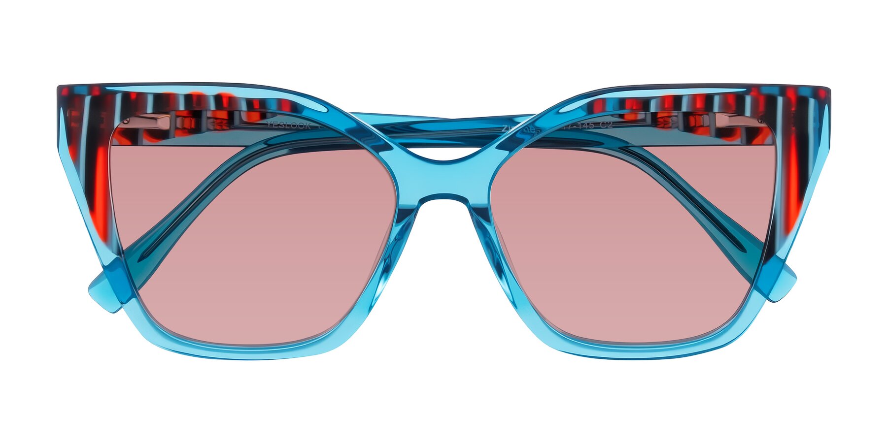 Folded Front of Zimme in Blue Fizz with Medium Garnet Tinted Lenses