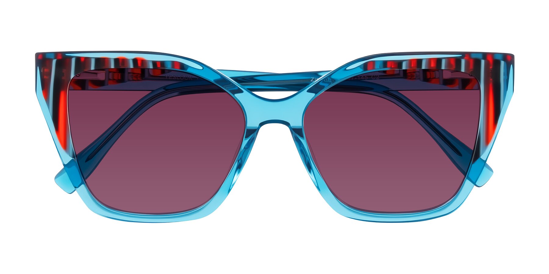 Folded Front of Zimme in Blue Fizz with Wine Tinted Lenses