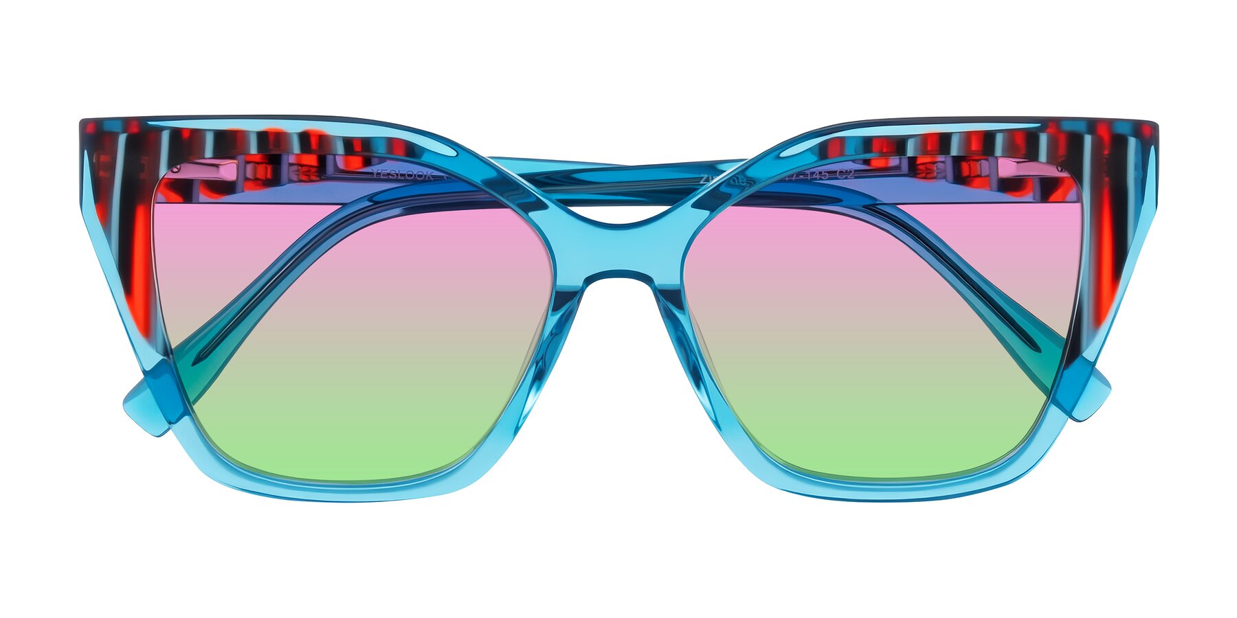 Folded Front of Zimme in Blue Fizz with Pink / Green Gradient Lenses