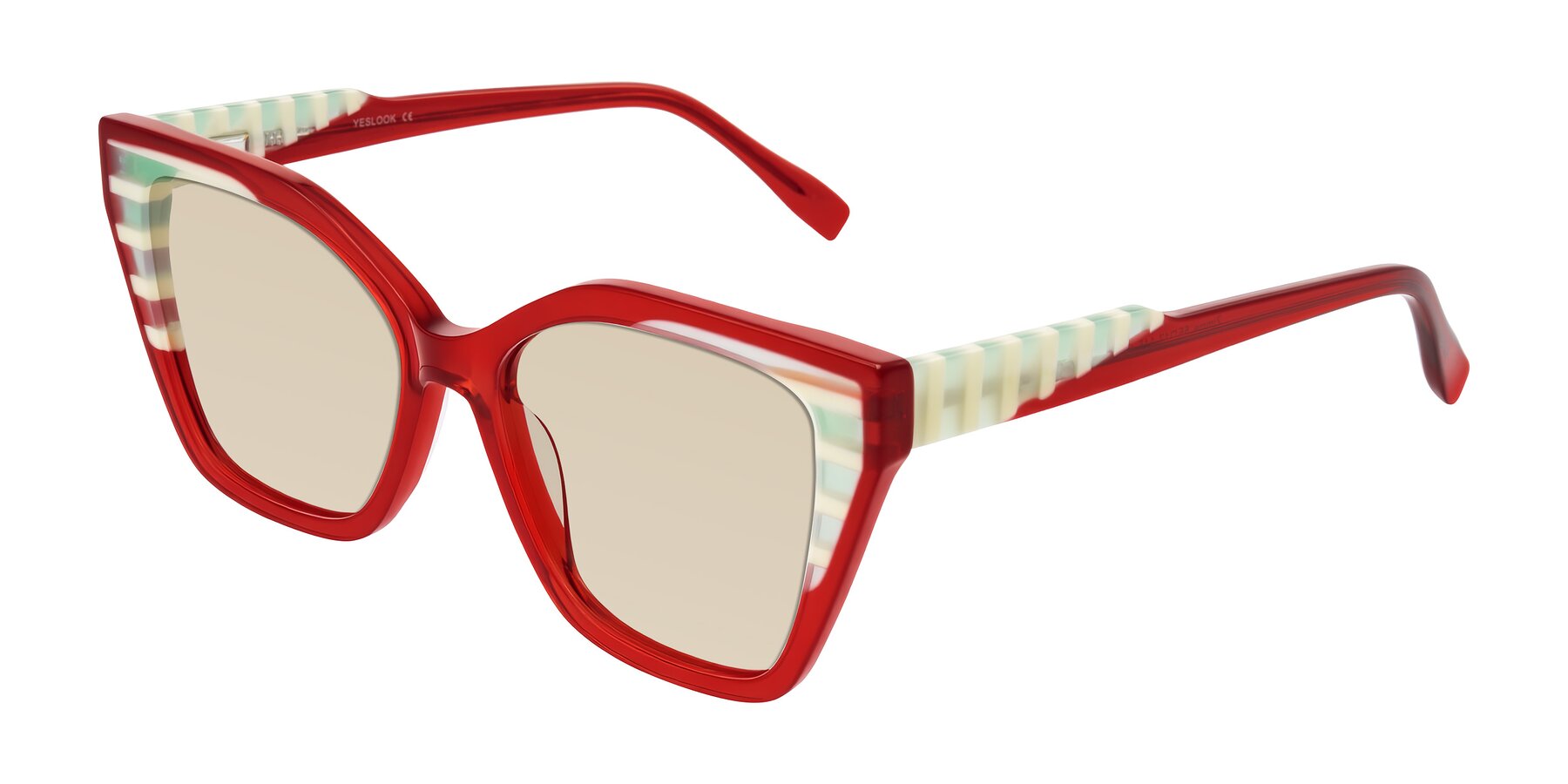 Angle of Zimme in Cherry Pop with Light Brown Tinted Lenses