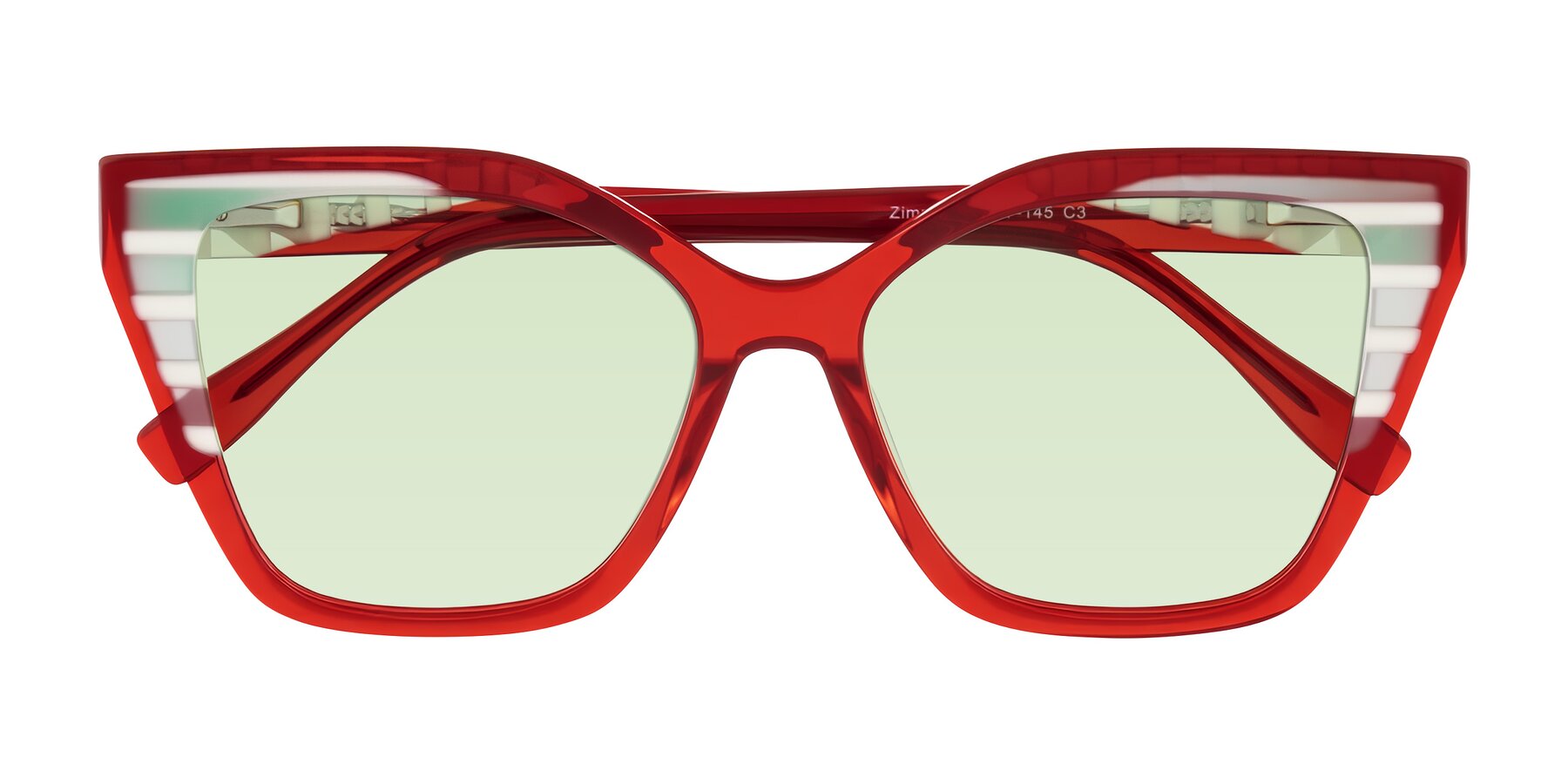 Folded Front of Zimme in Cherry Pop with Light Green Tinted Lenses
