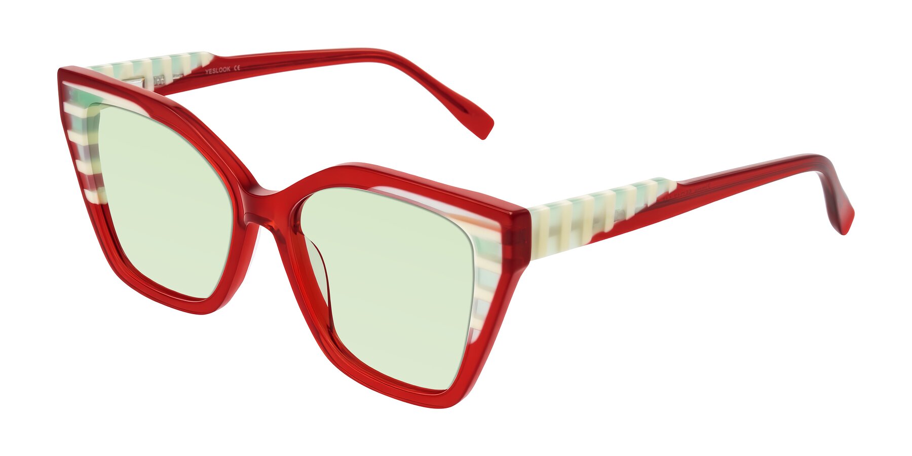 Angle of Zimme in Cherry Pop with Light Green Tinted Lenses