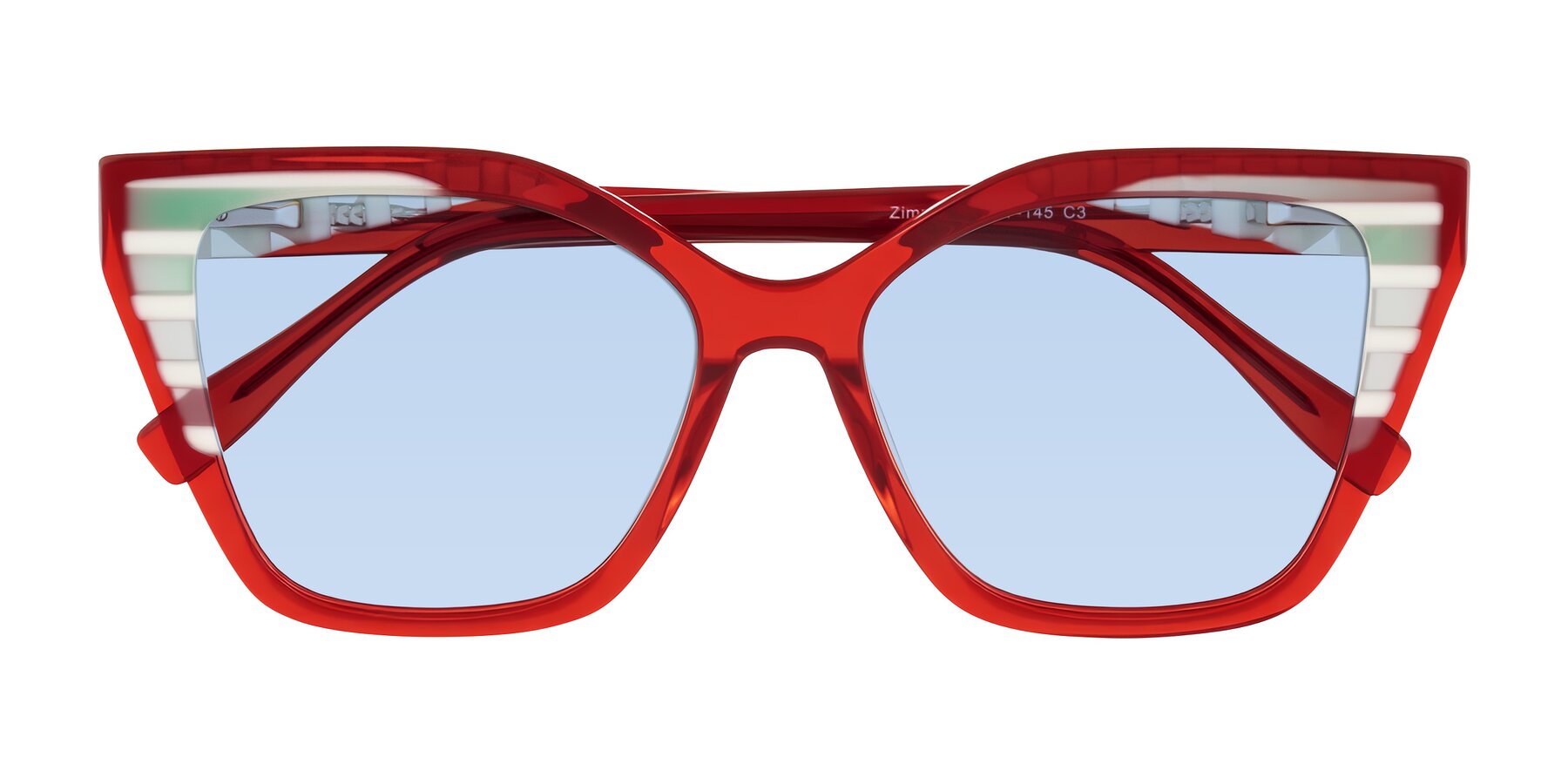 Folded Front of Zimme in Cherry Pop with Light Blue Tinted Lenses