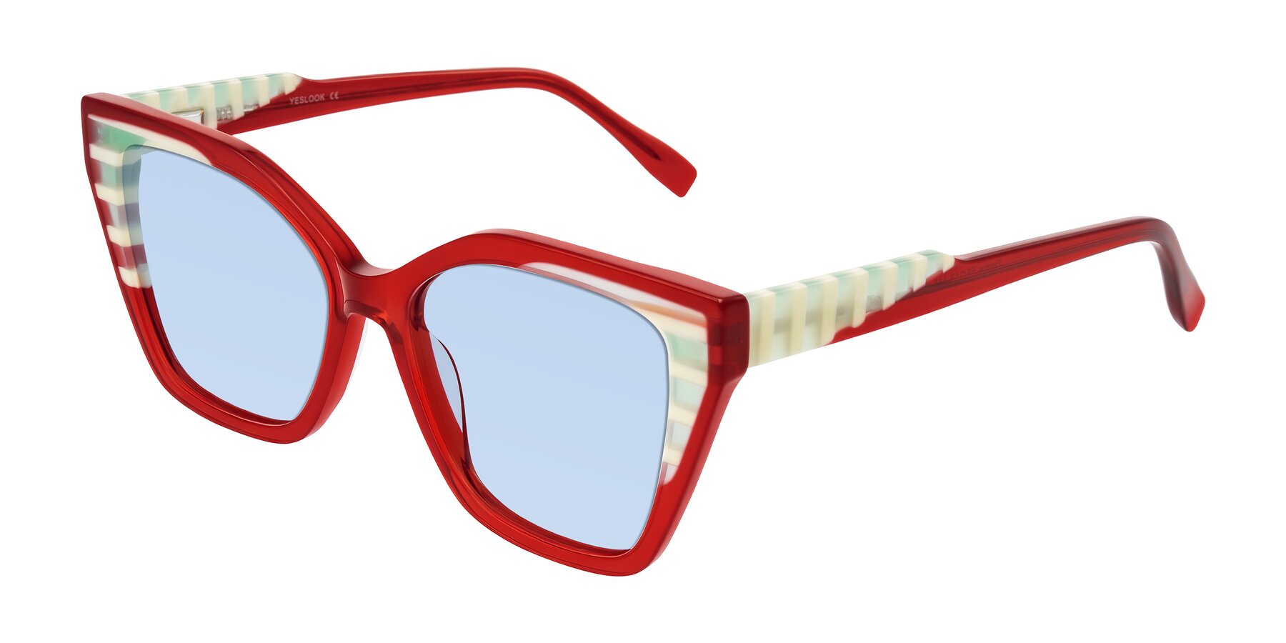 Angle of Zimme in Cherry Pop with Light Blue Tinted Lenses