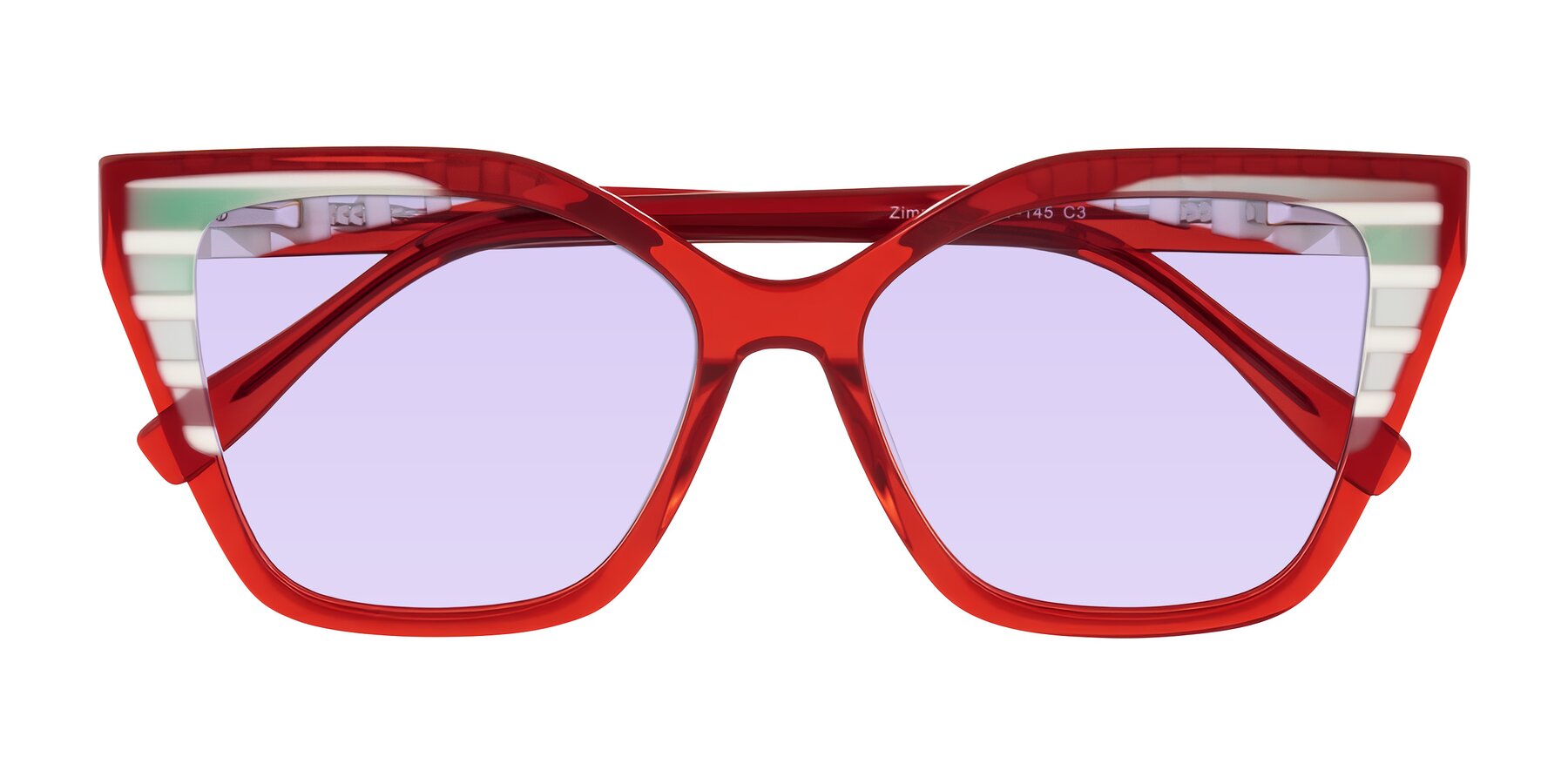 Folded Front of Zimme in Cherry Pop with Light Purple Tinted Lenses