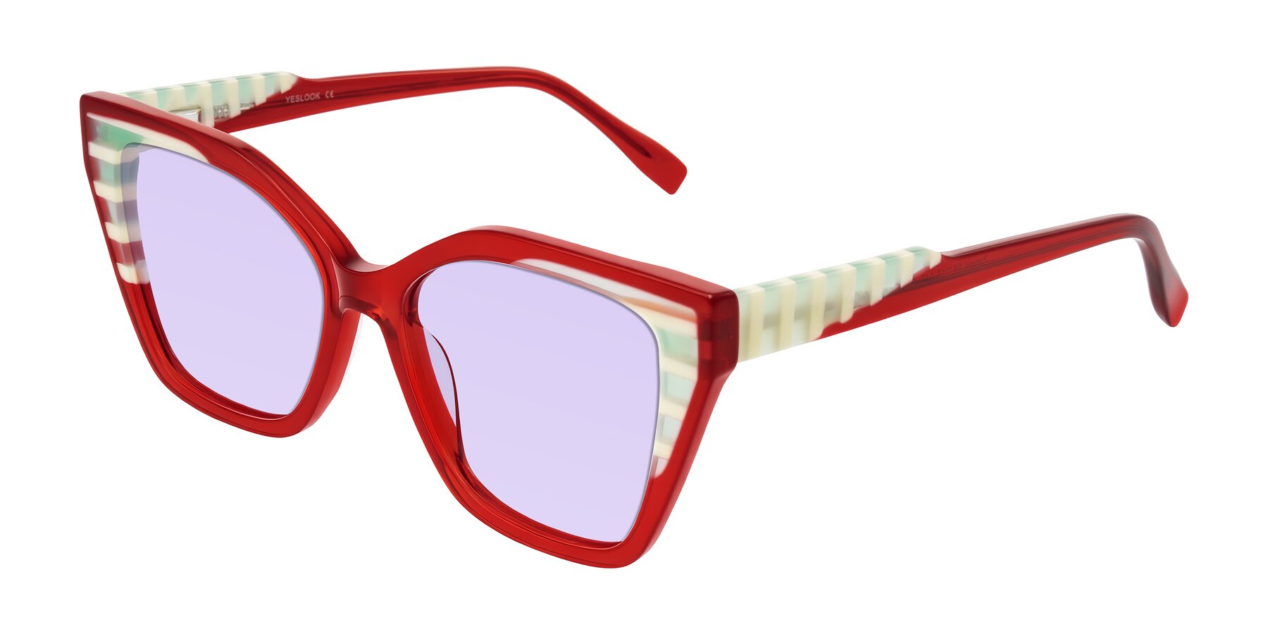 Angle of Zimme in Cherry Pop with Light Purple Tinted Lenses