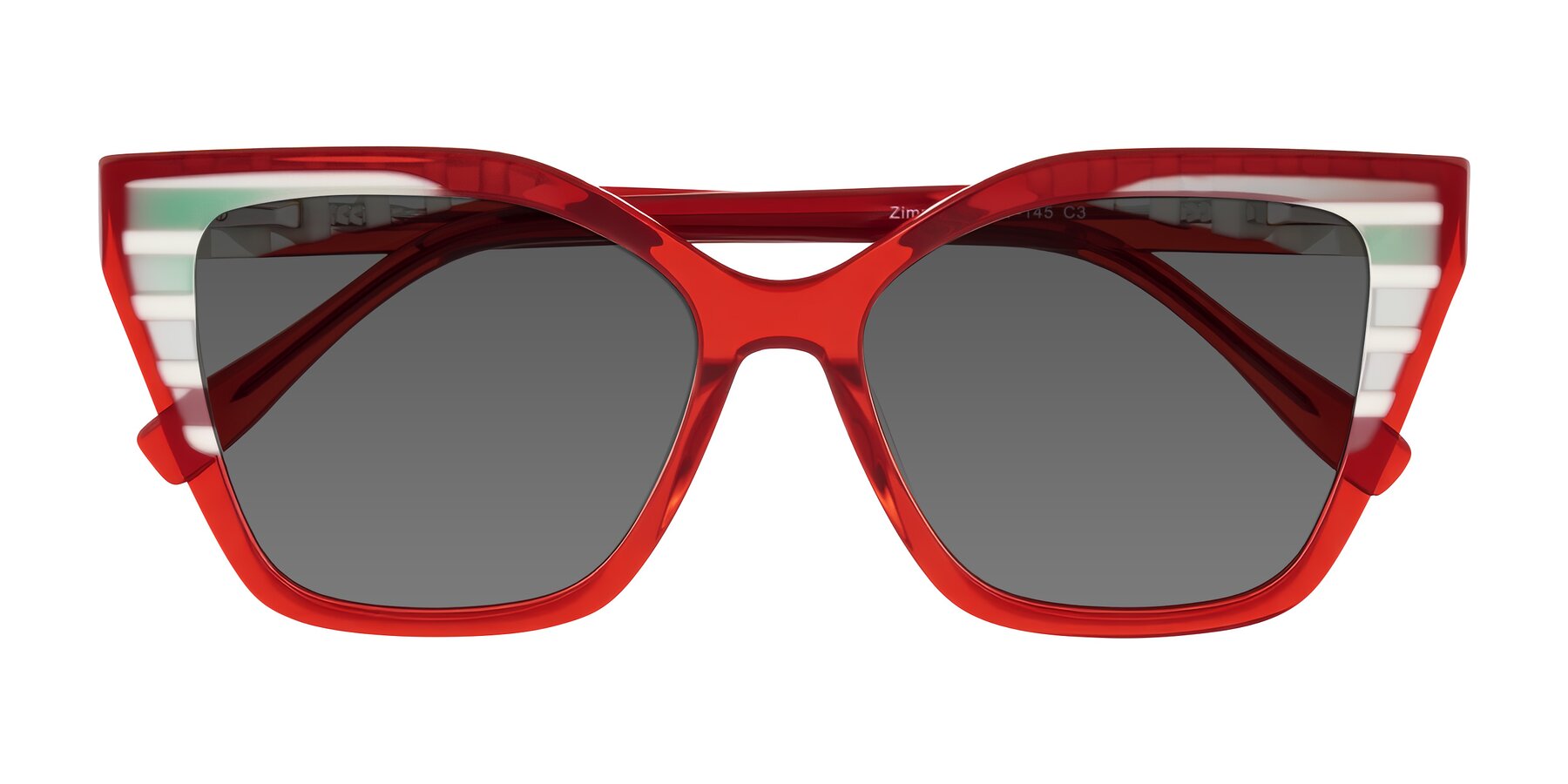 Folded Front of Zimme in Cherry Pop with Medium Gray Tinted Lenses