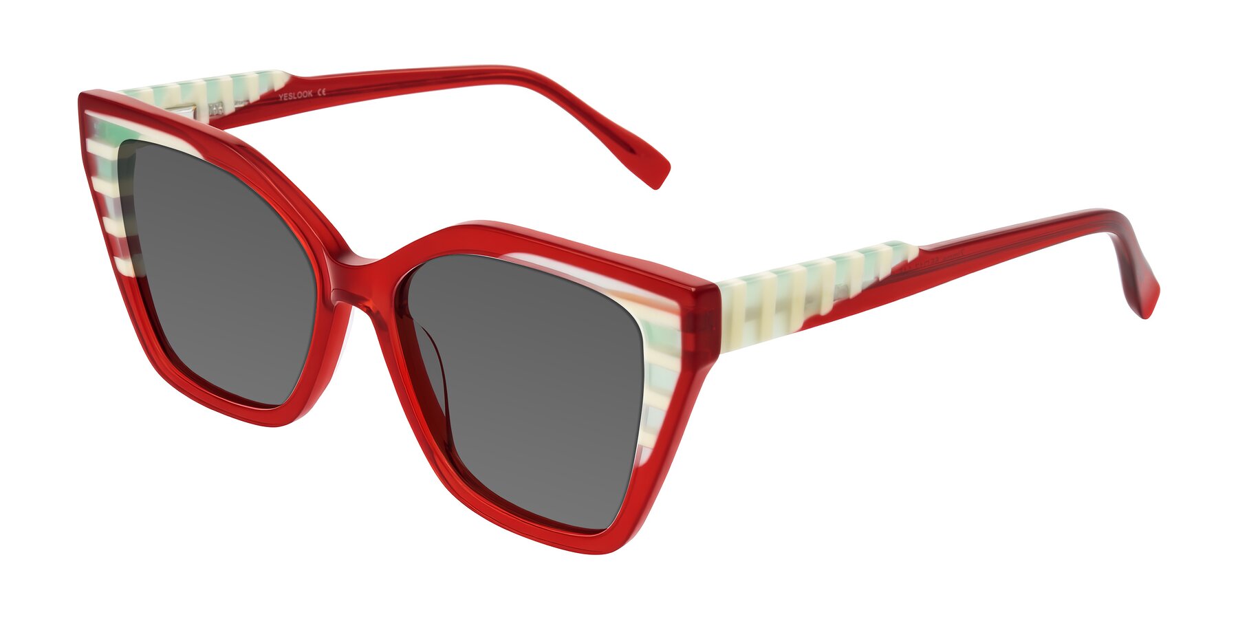 Angle of Zimme in Cherry Pop with Medium Gray Tinted Lenses