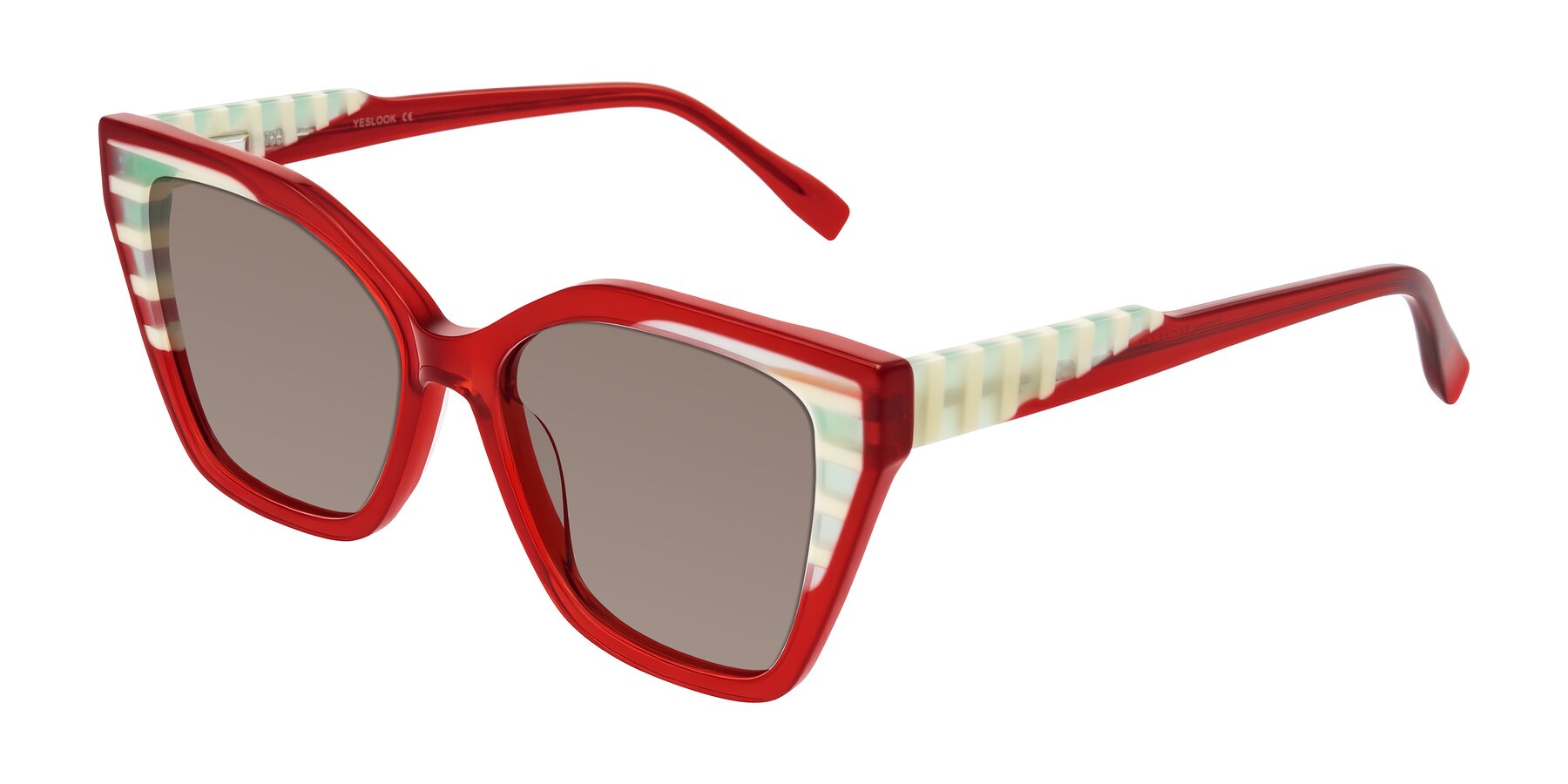 Angle of Zimme in Cherry Pop with Medium Brown Tinted Lenses