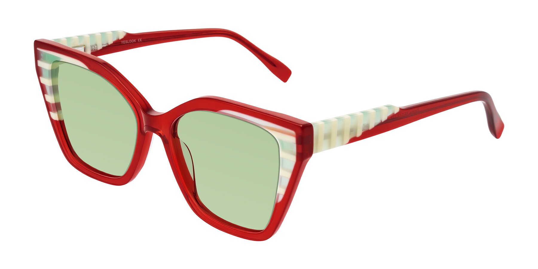 Angle of Zimme in Cherry Pop with Medium Green Tinted Lenses