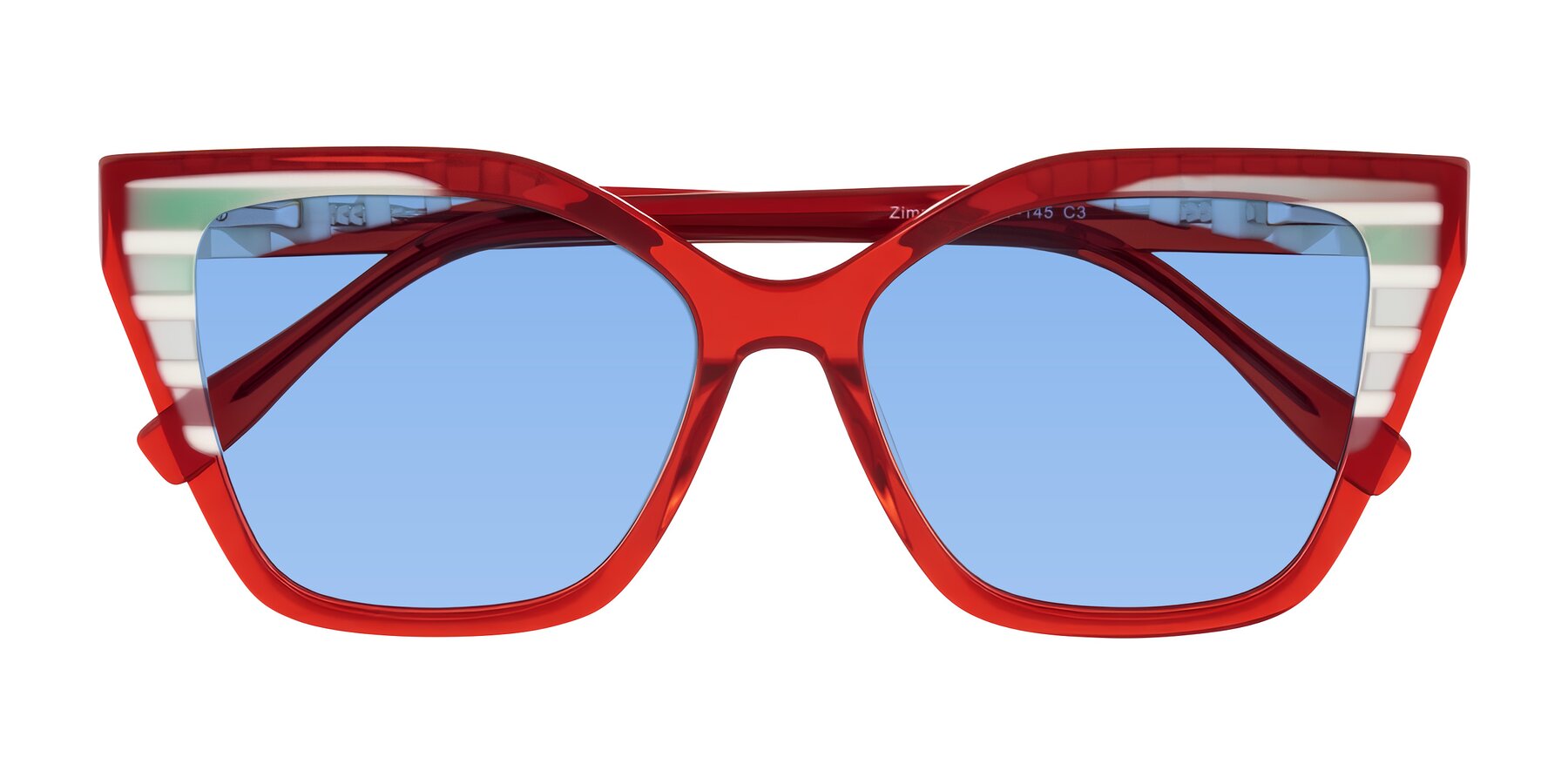 Folded Front of Zimme in Cherry Pop with Medium Blue Tinted Lenses