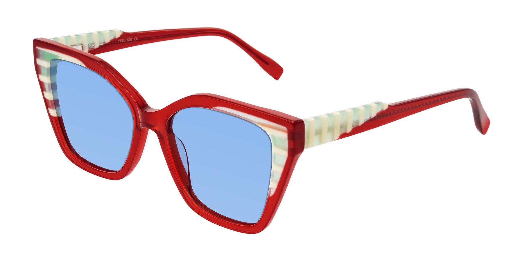 Angle of Zimme in Cherry Pop with Medium Blue Tinted Lenses