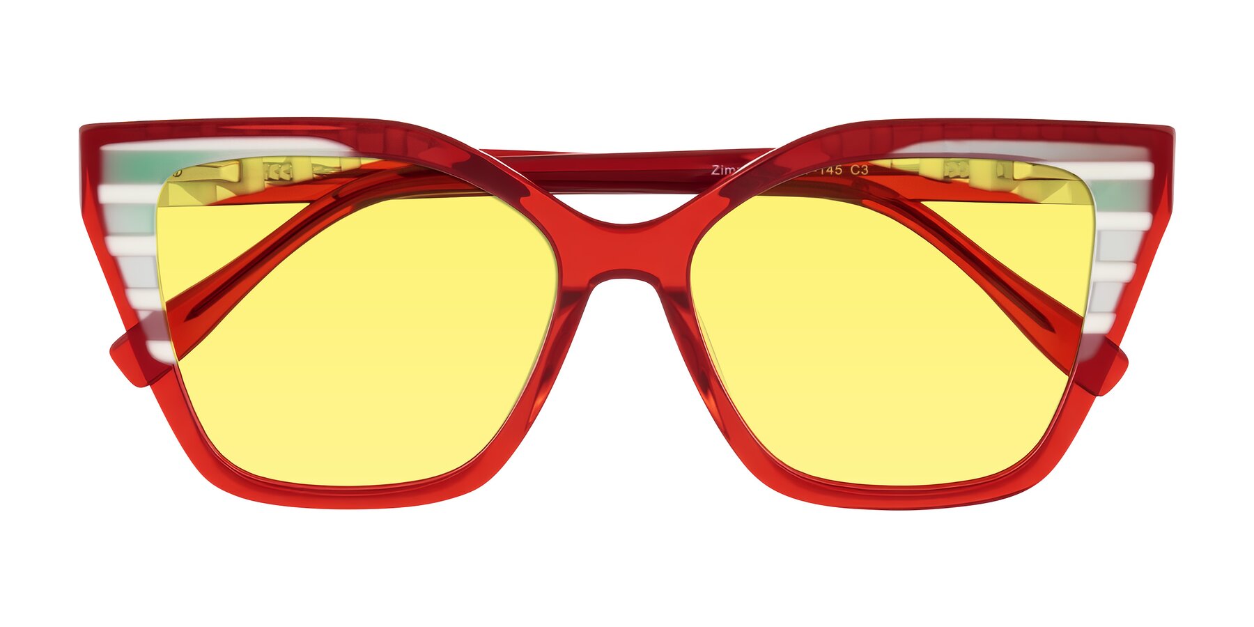 Folded Front of Zimme in Cherry Pop with Medium Yellow Tinted Lenses